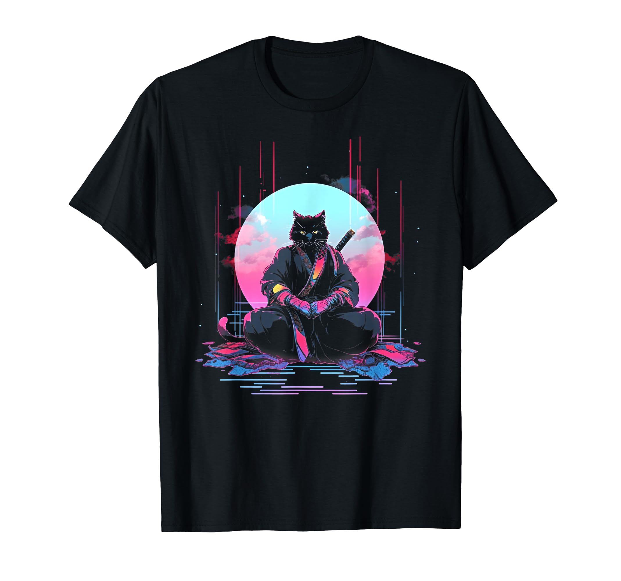 Synthwave Cat Samurai Mediation T-Shirt - Minimalist Print for Adults - T-Shirt, Sweatshirt, Hoodie