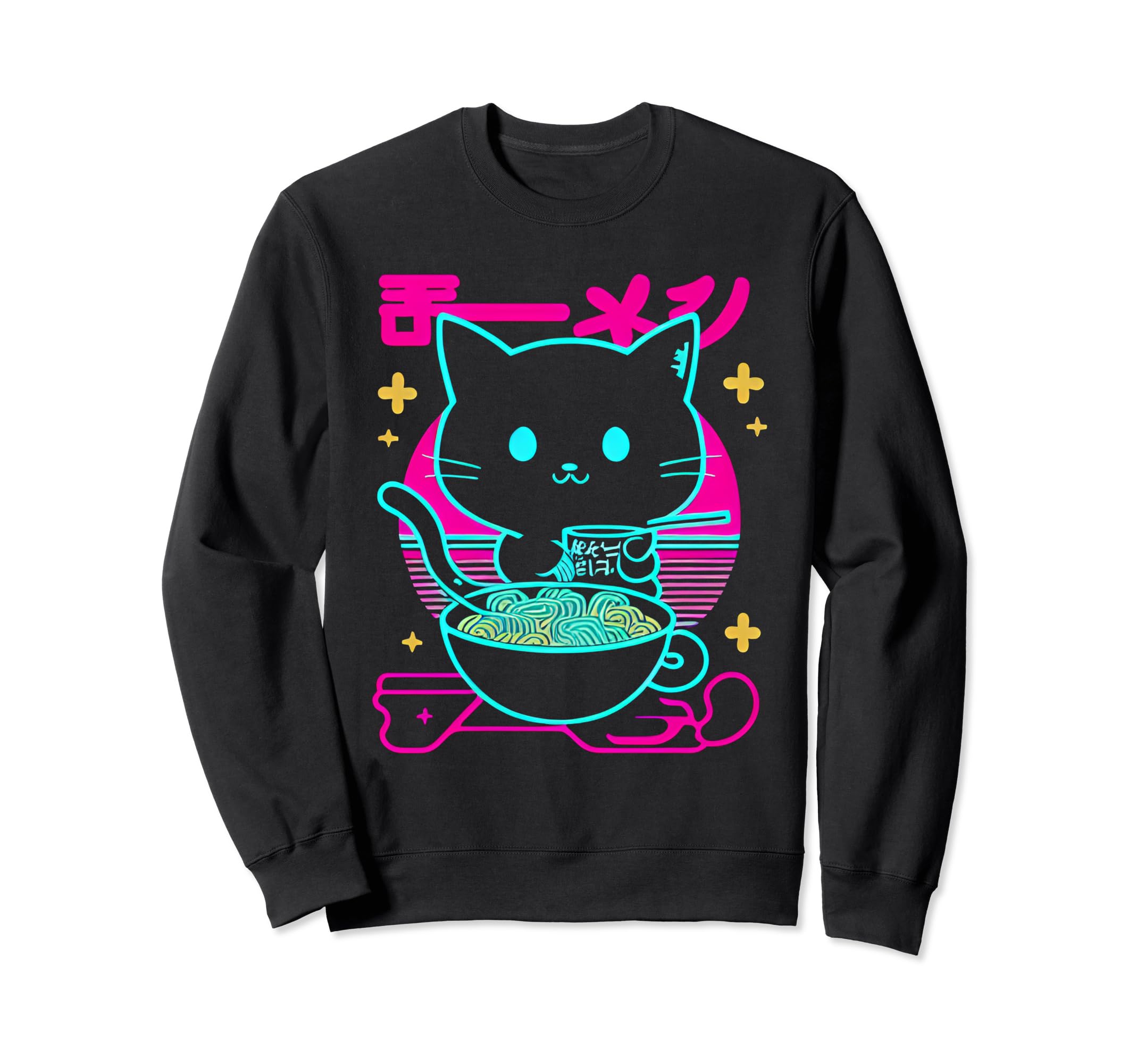 Kawaii Anime Cat Eating Ramen 80S Sweatshirt - Trendy Graphic Unisex - T-Shirt, Sweatshirt, Hoodie