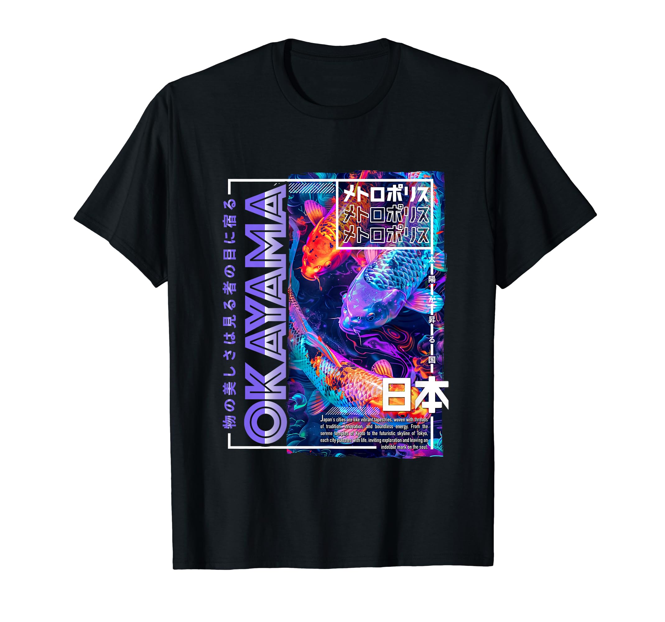 Okayama City 80S Synthwave Koi Carp T-Shirt - Casual Everyday Wear Unisex - T-Shirt, Sweatshirt, Hoodie