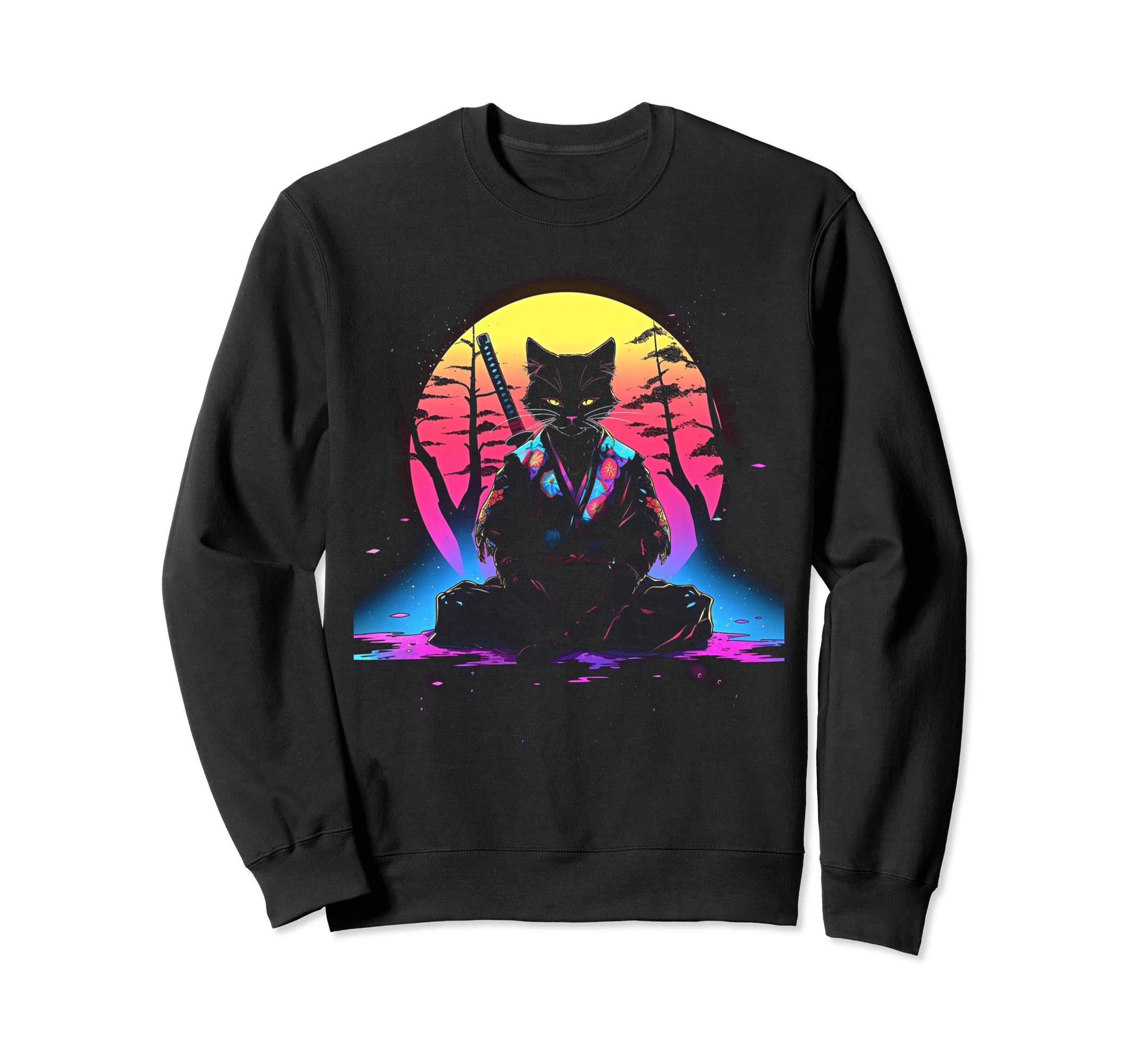 Synthwave Cat Samurai Mediation Sweatshirt - Aesthetic Graphic Men Women - T-Shirt, Sweatshirt, Hoodie