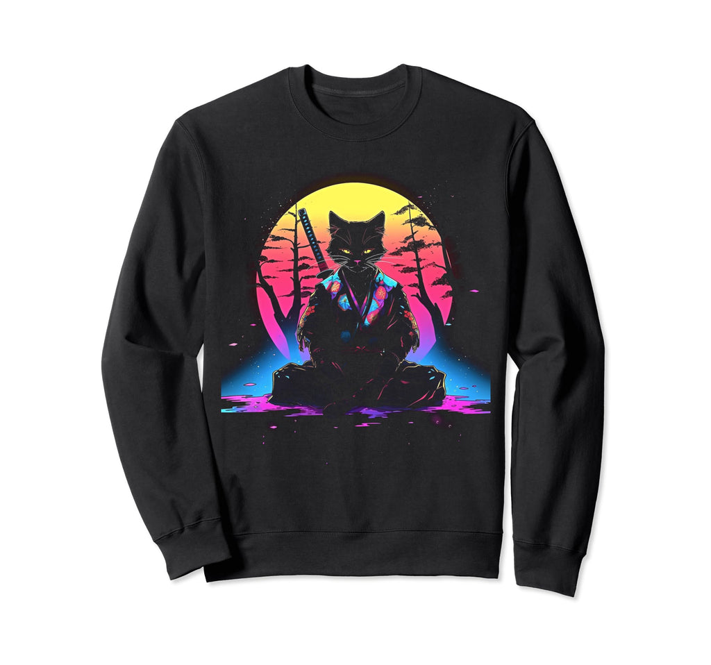 Synthwave Cat Samurai Mediation Sweatshirt - Trendy Graphic Men Women - T-Shirt, Sweatshirt, Hoodie