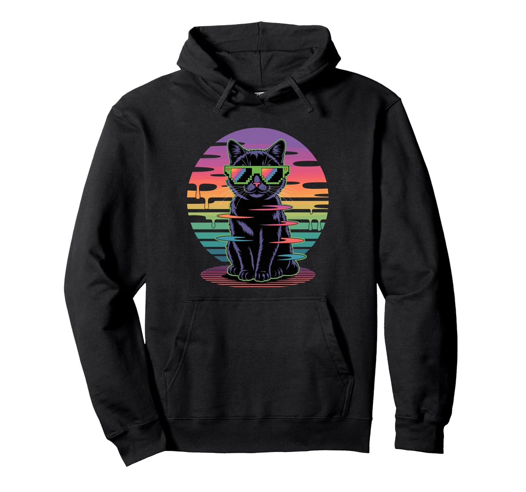 Vaporwave Black Cat Pixel Hoodie - Fun Novelty Design for Adults - T-Shirt, Sweatshirt, Hoodie