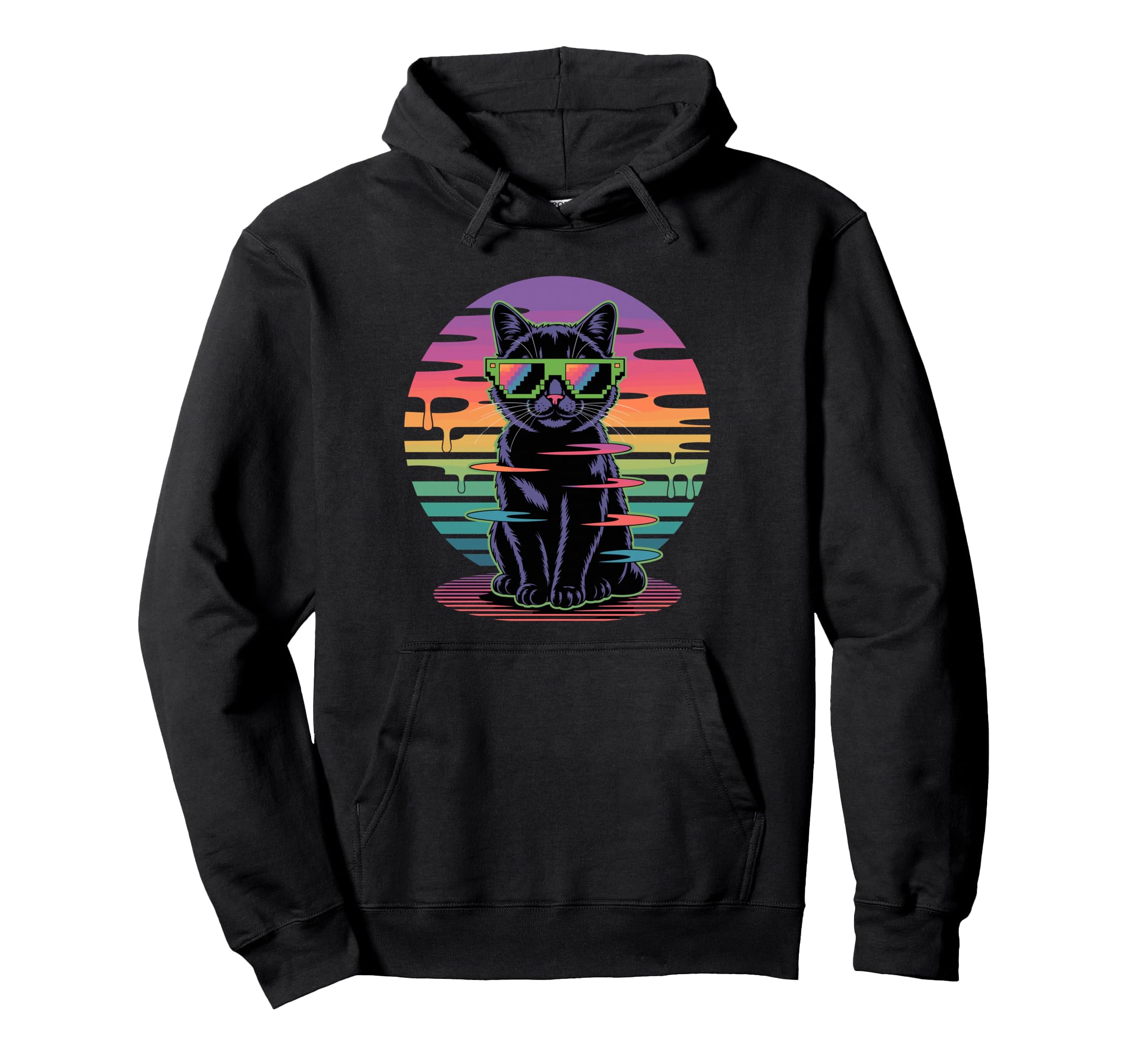 Vaporwave Black Cat Pixel Hoodie - Fun Novelty Design for Adults - T-Shirt, Sweatshirt, Hoodie