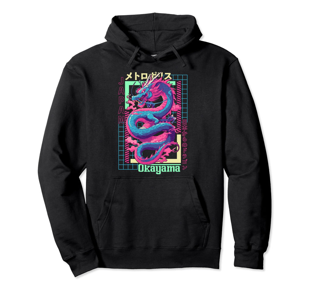 Okayama City Synthwave 80S Dragon Hoodie - Fun Novelty Design for Adults - T-Shirt, Sweatshirt, Hoodie