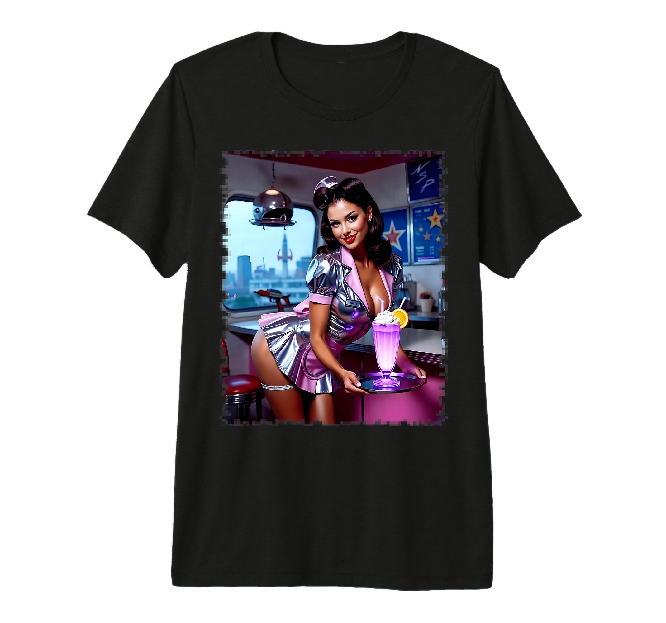 Sexy Sexy Brunette Waitress Pinup Tri T-Shirt - Trendy Graphic for Adults - T-Shirt, Sweatshirt, Hoodie