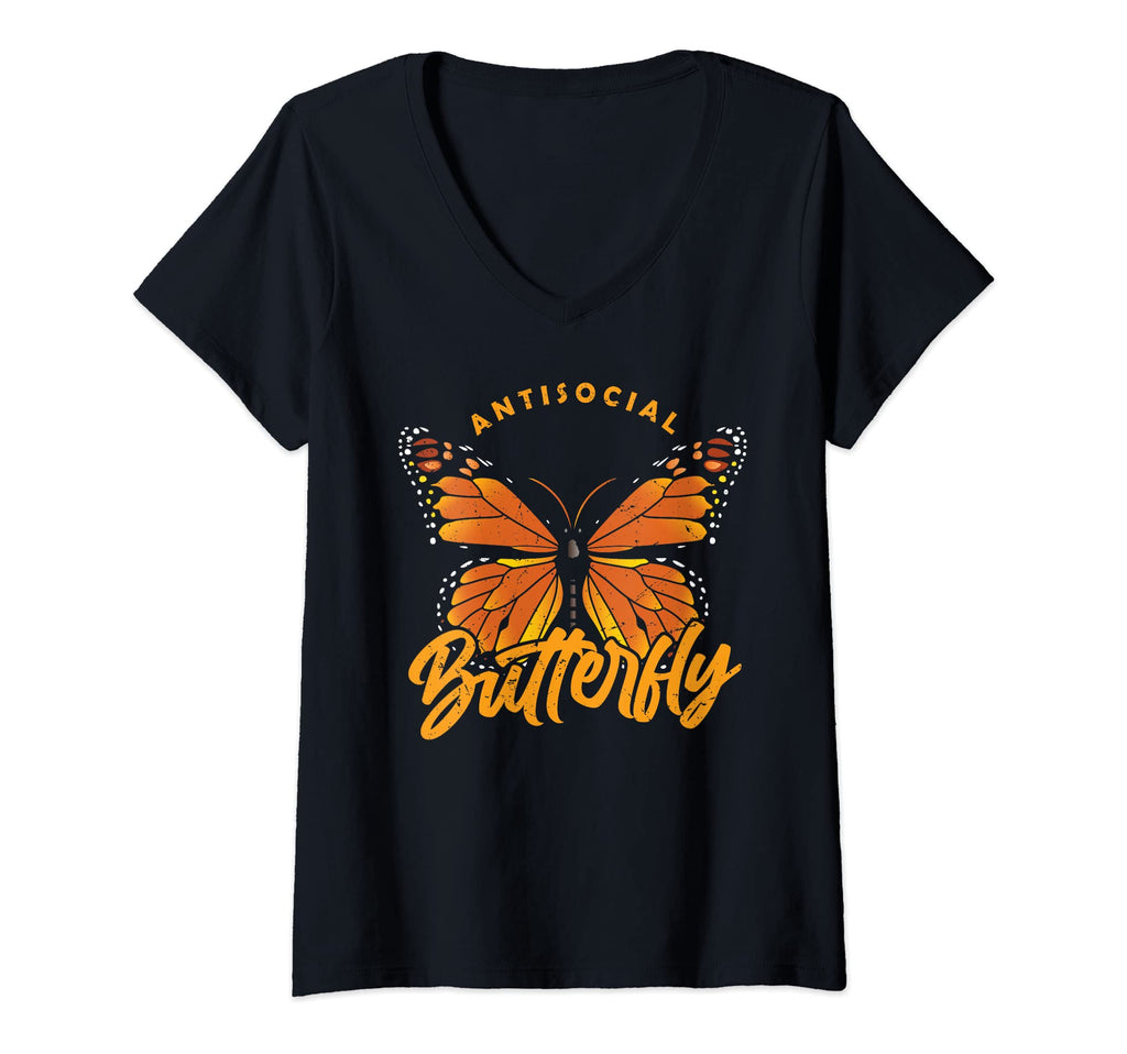Womens Antisocial Butterfly V Neck T-Shirt - Novelty Apparel Unisex - T-Shirt, Sweatshirt, Hoodie