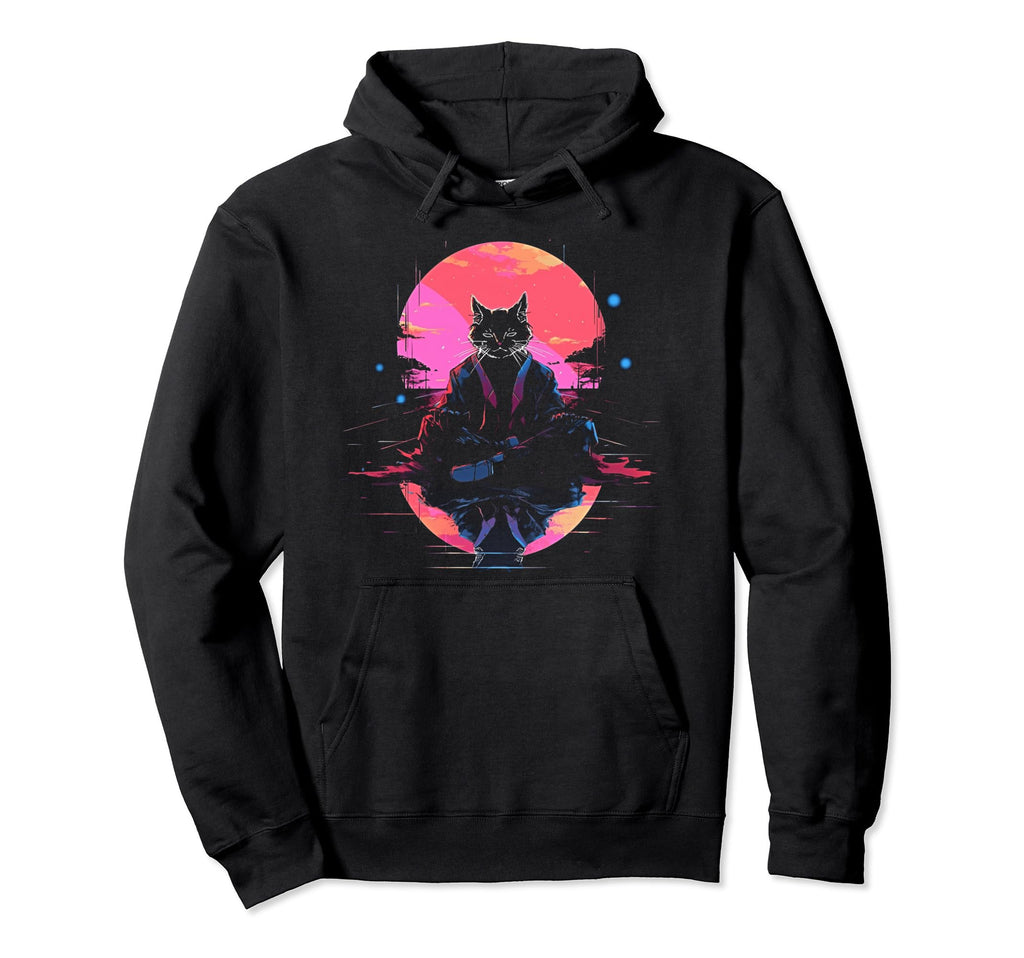 Synthwave Cat Samurai Mediation Hoodie - Minimalist Print for Adults - T-Shirt, Sweatshirt, Hoodie