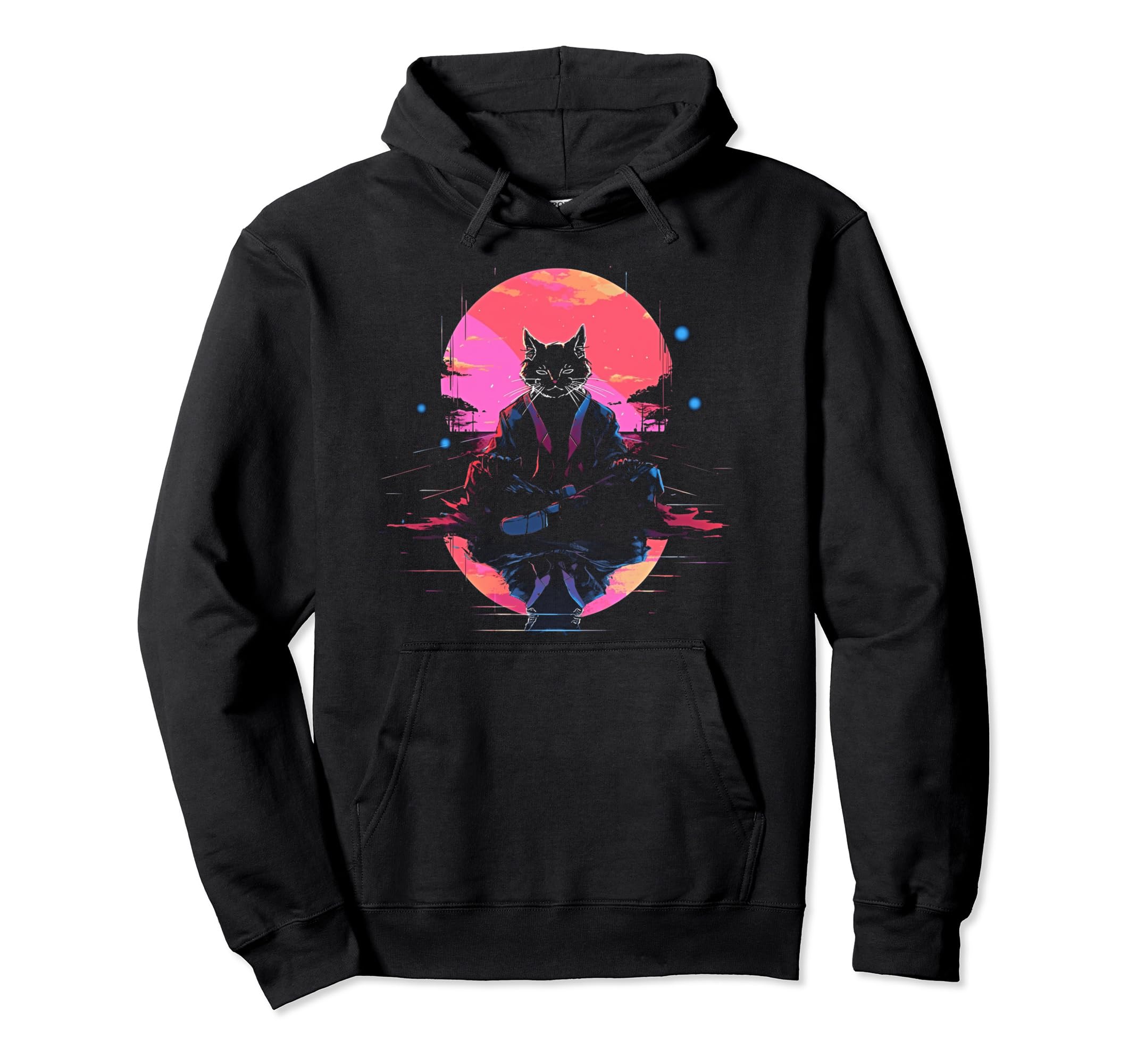 Synthwave Cat Samurai Mediation Hoodie - Minimalist Print for Adults - T-Shirt, Sweatshirt, Hoodie