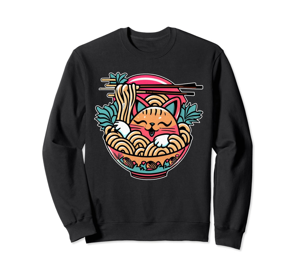Kawaii Anime Cat Eating Ramen 80S Sweatshirt - Trendy Graphic Unisex - T-Shirt, Sweatshirt, Hoodie