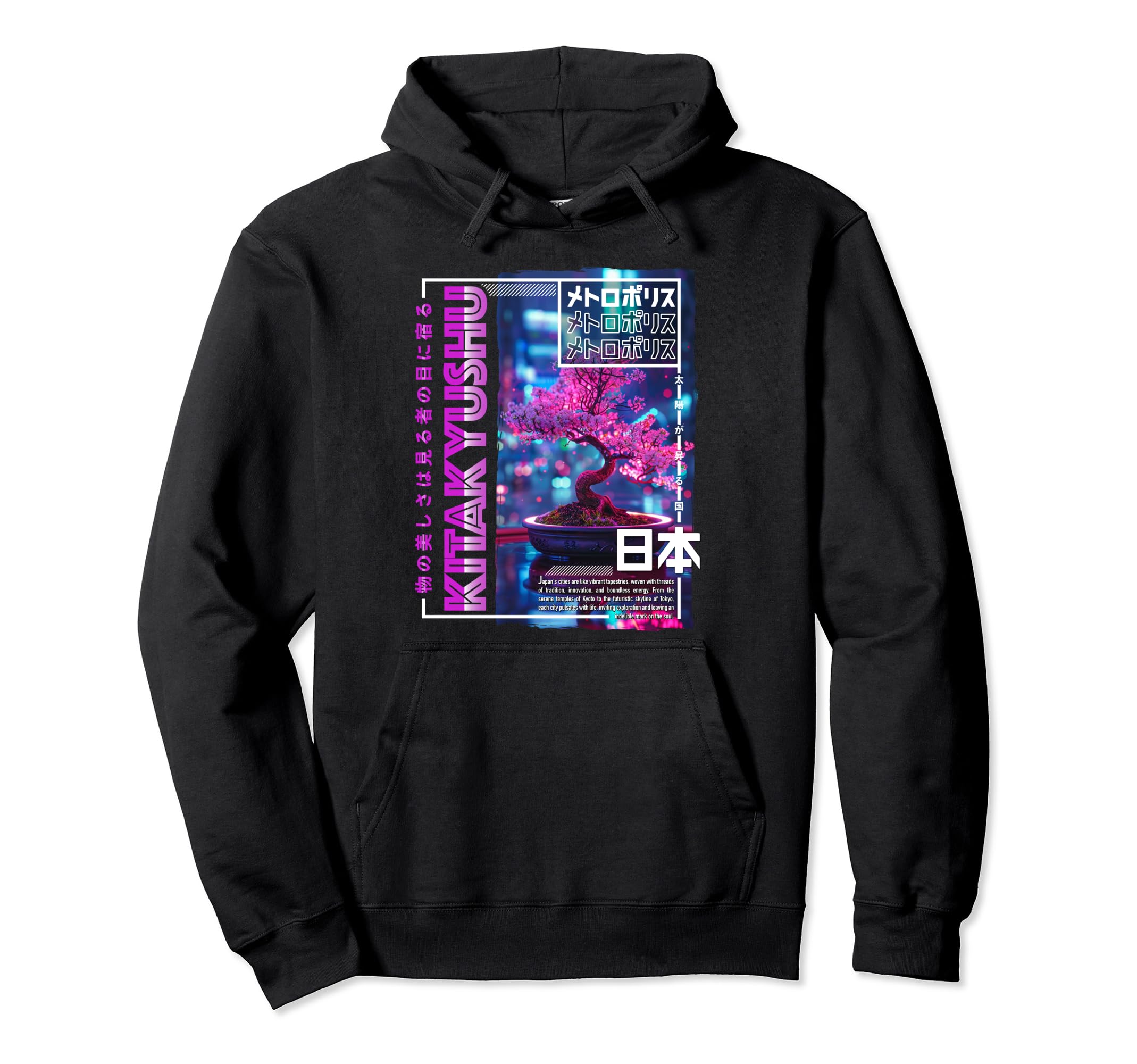 Kitakyushu City 80S Synthwave Bonsai Hoodie - Minimalist Print Unisex - T-Shirt, Sweatshirt, Hoodie