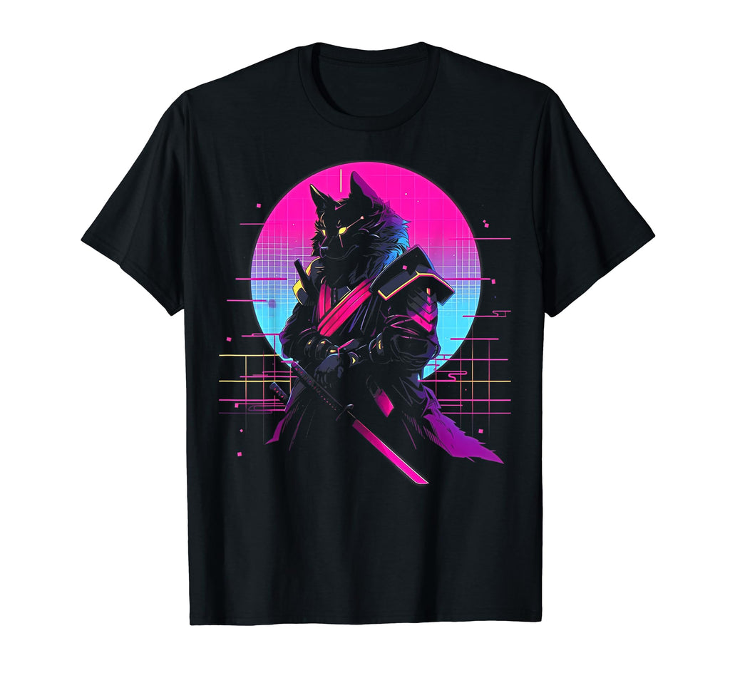 Synthwave Cat Samurai Mediation T-Shirt - Aesthetic Graphic for Adults - T-Shirt, Sweatshirt, Hoodie