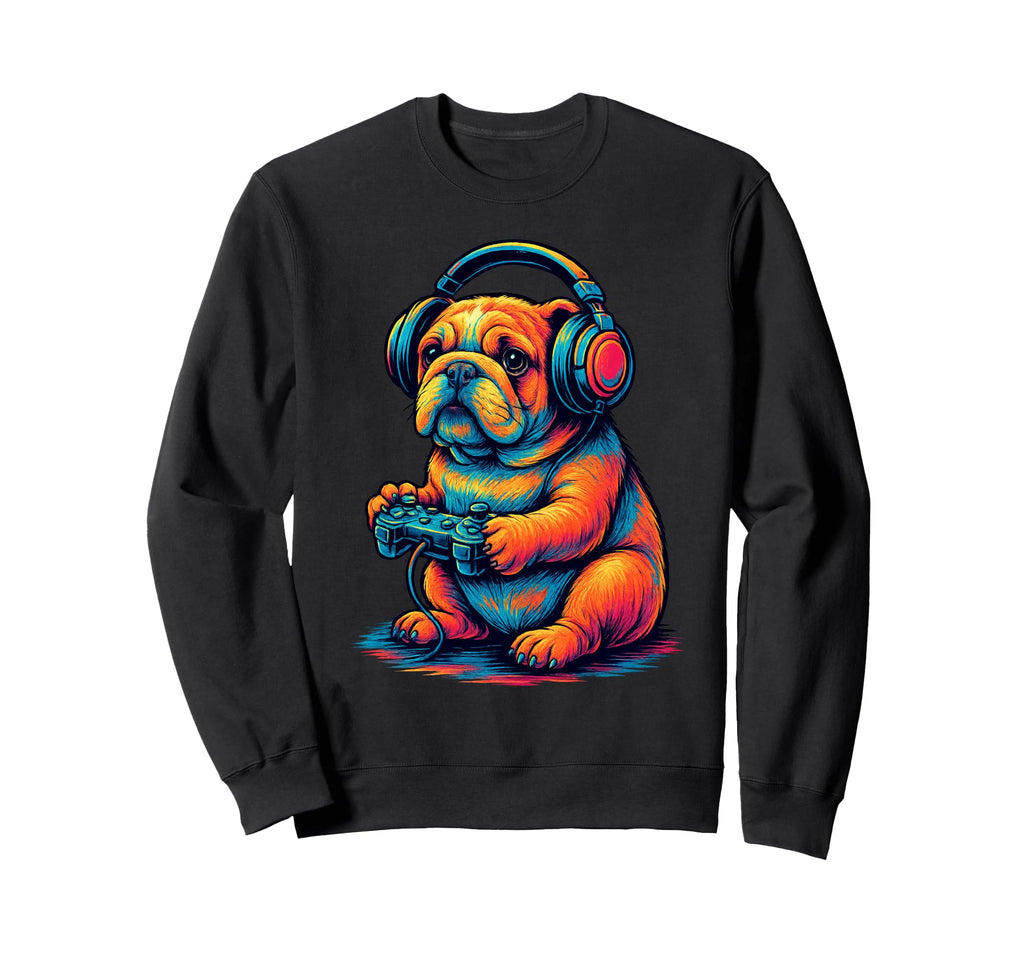 English Bulldog Gamer Gaming Dog Sweatshirt - Minimalist Print Men Women - T-Shirt, Sweatshirt, Hoodie