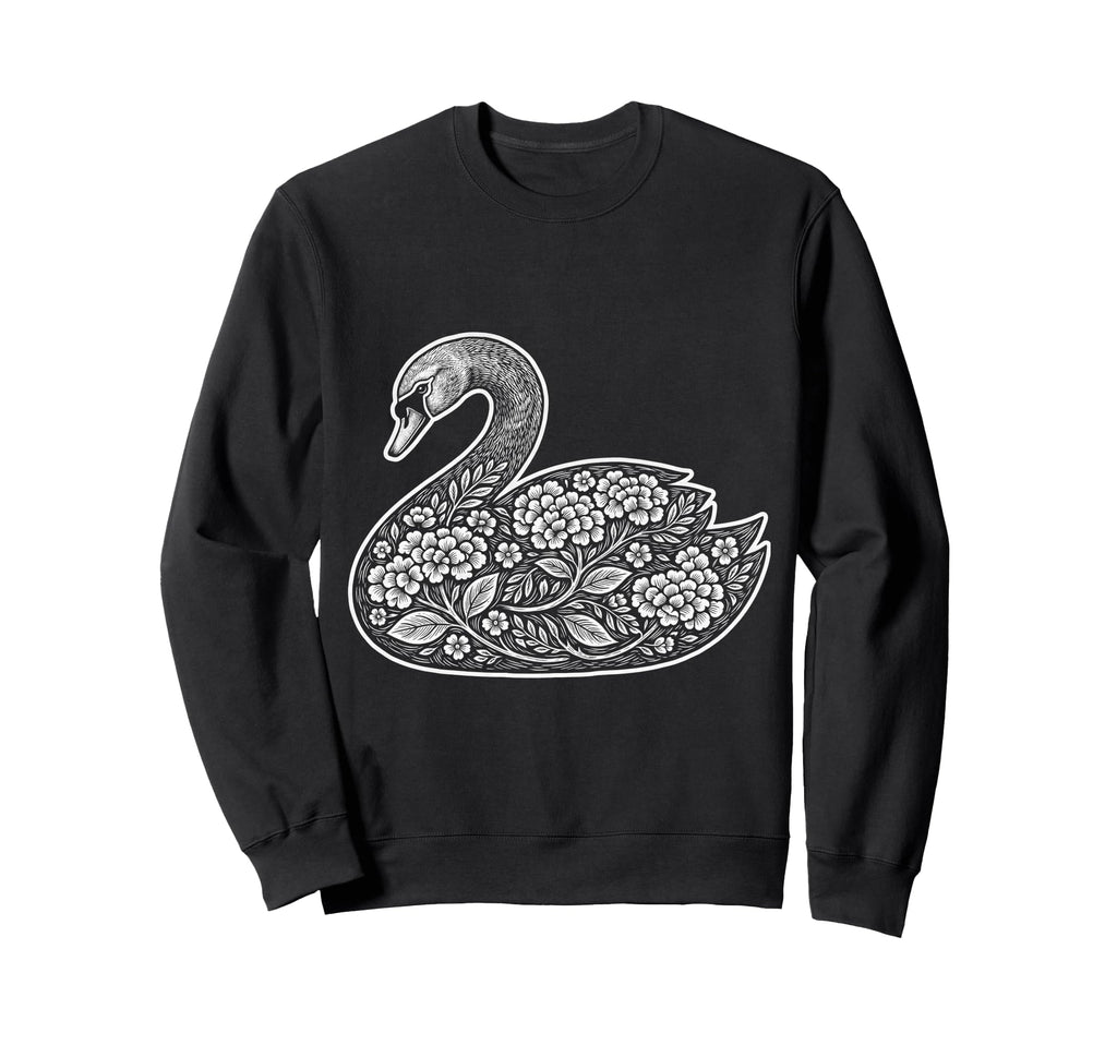 Floral Swan Silhouette Woodcut Sweatshirt - Fun Novelty Design Men Women - T-Shirt, Sweatshirt, Hoodie