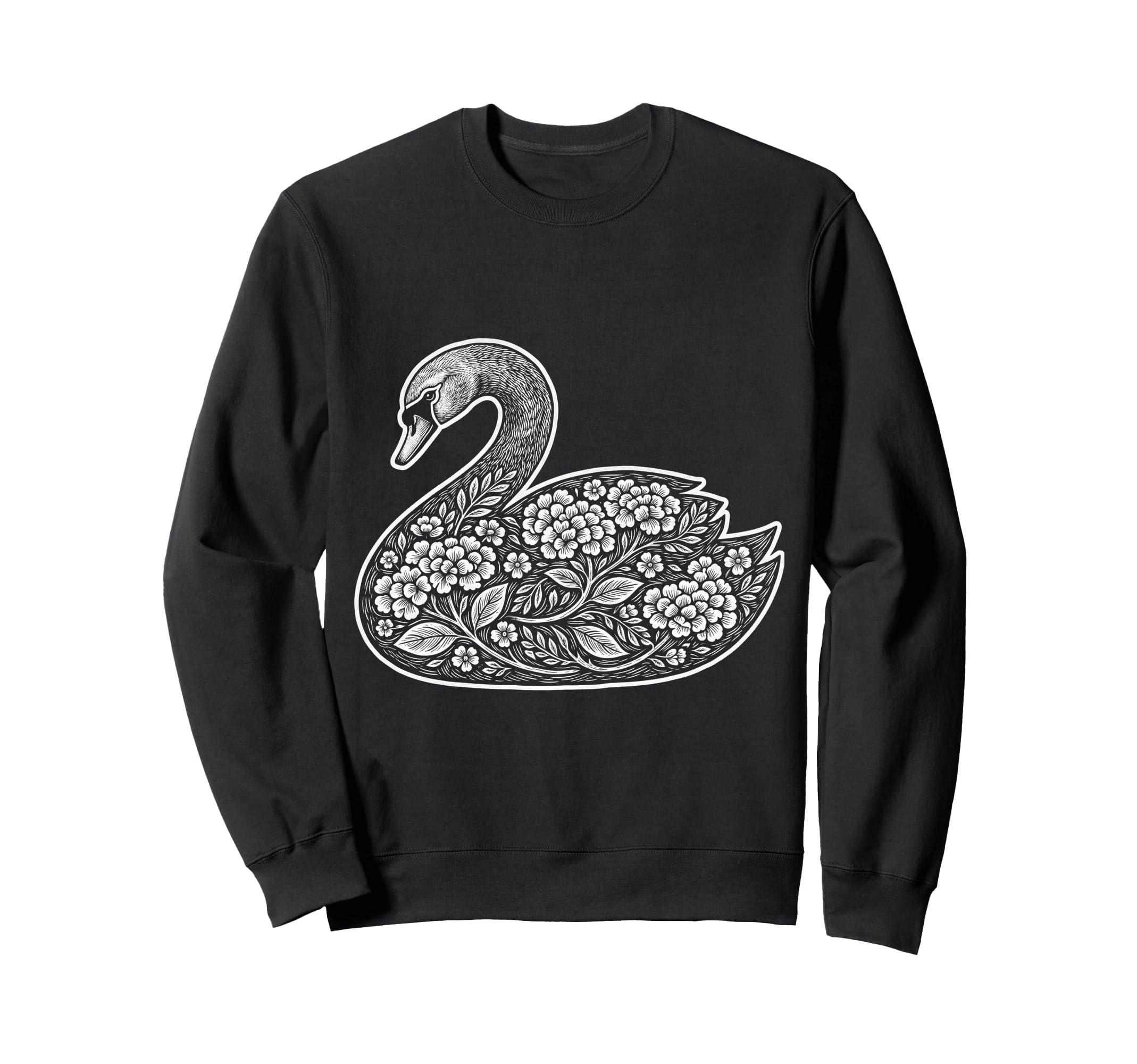 Floral Swan Silhouette Woodcut Sweatshirt - Fun Novelty Design Men Women - T-Shirt, Sweatshirt, Hoodie