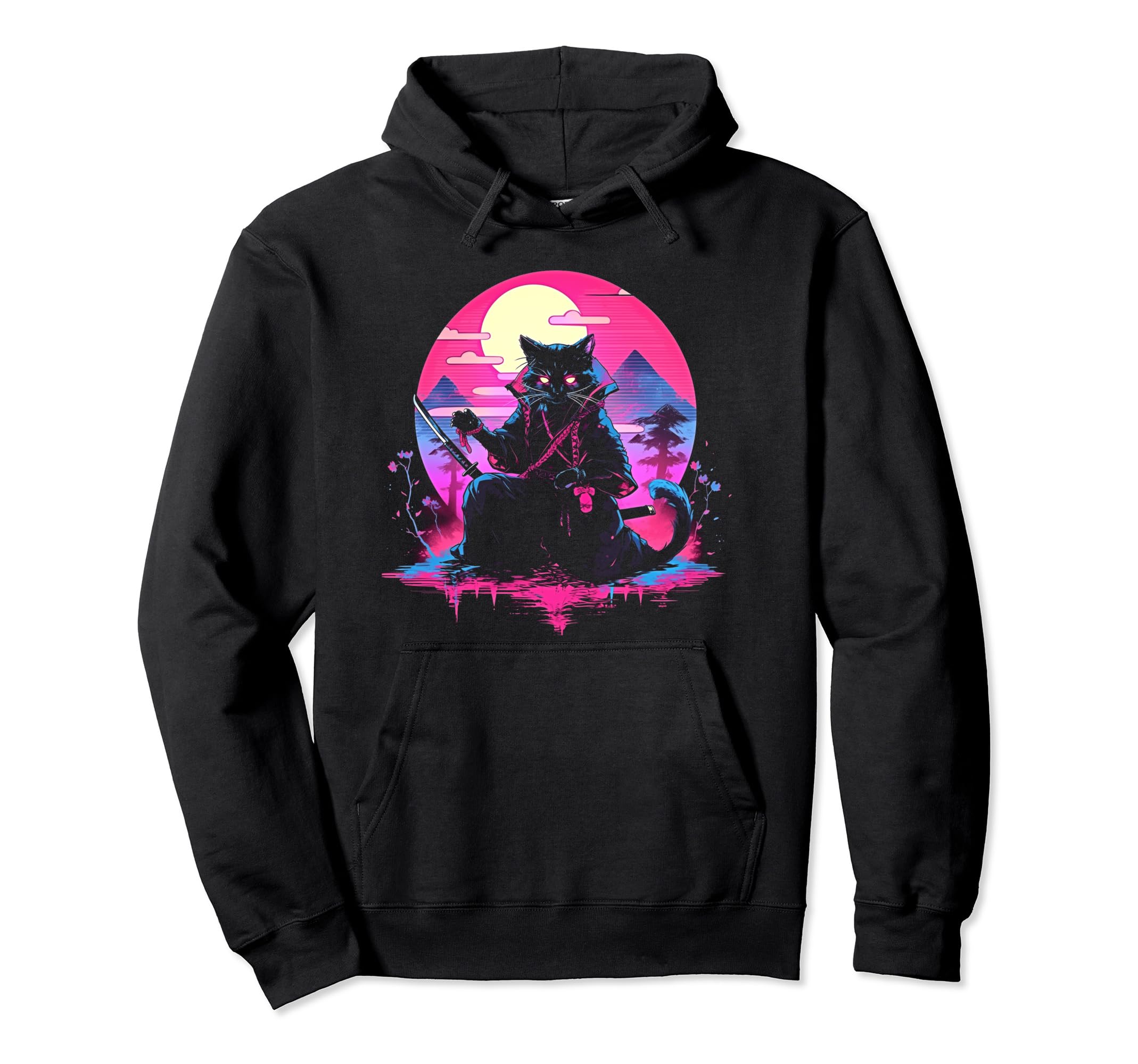 Synthwave Cat Samurai Mediation Hoodie - Novelty Apparel for Adults - T-Shirt, Sweatshirt, Hoodie