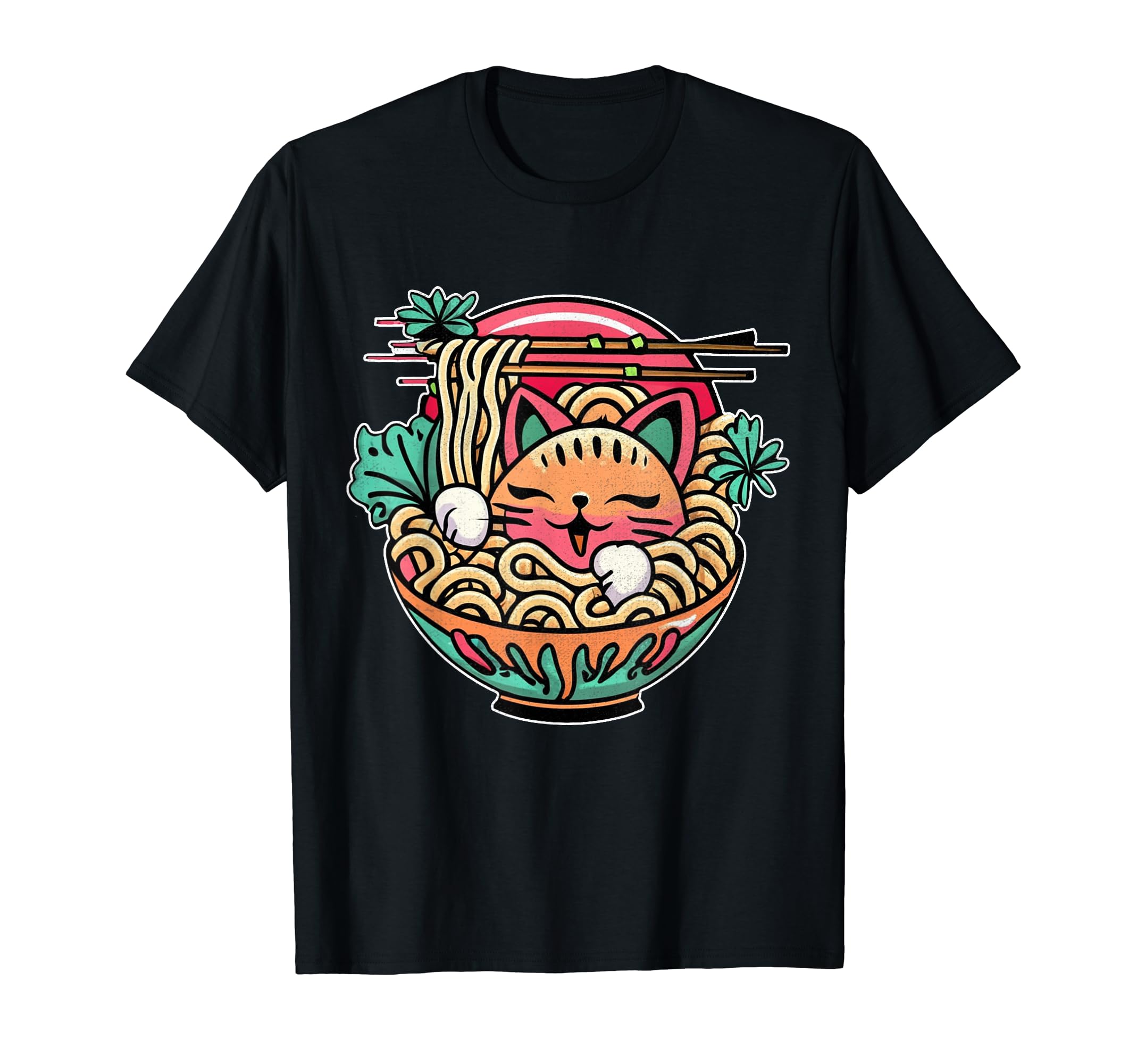 Kawaii Anime Cat Eating Ramen 80S T-Shirt - Aesthetic Graphic Men Women - T-Shirt, Sweatshirt, Hoodie