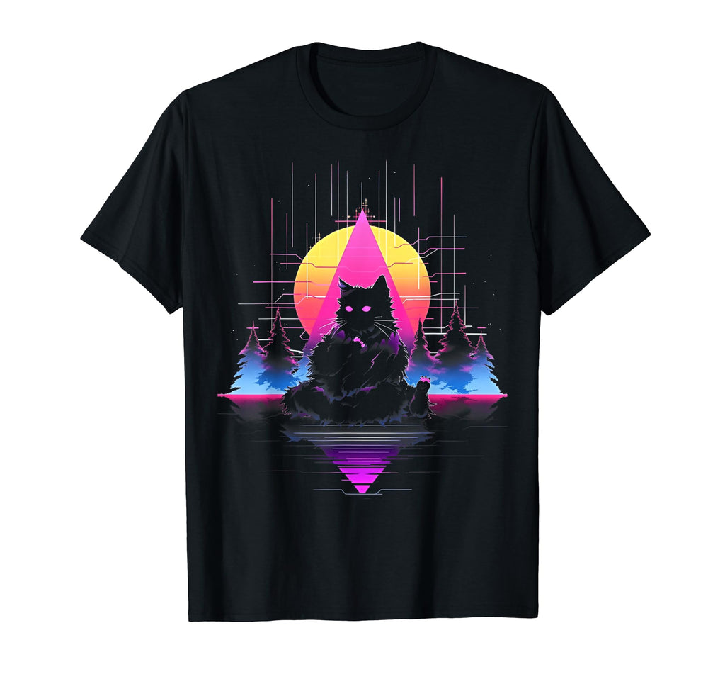Synthwave Cat Samurai Mediation Vaporwave T-Shirt - Novelty Apparel Unisex - T-Shirt, Sweatshirt, Hoodie