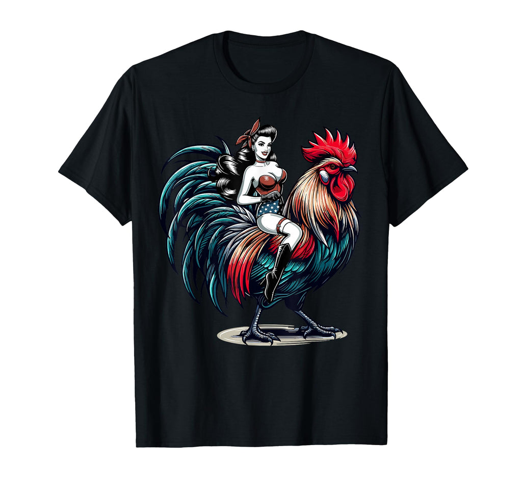 Pin Up Riding Rooster Patriotic T-Shirt - Novelty Apparel for Adults - T-Shirt, Sweatshirt, Hoodie
