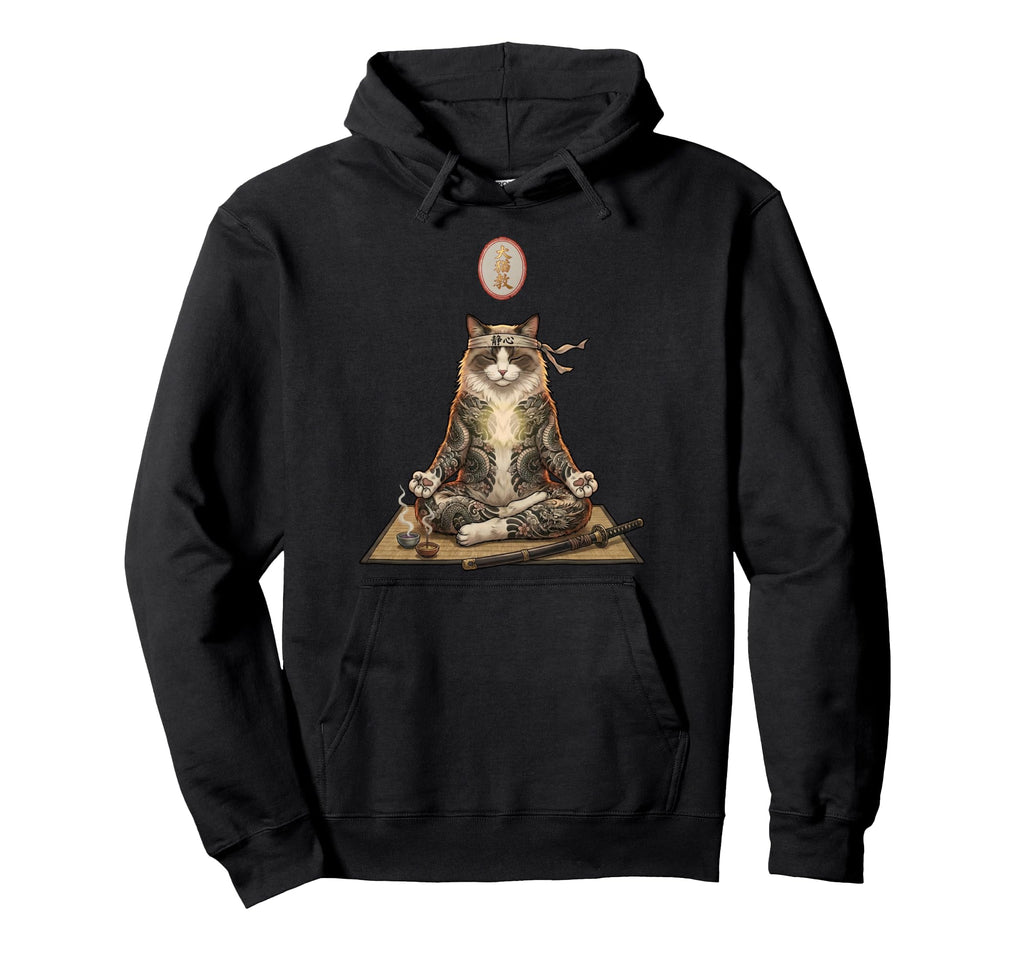 Japanese Irezumi Cat Meditation Zen Hoodie - Unique Graphic for Adults - T-Shirt, Sweatshirt, Hoodie