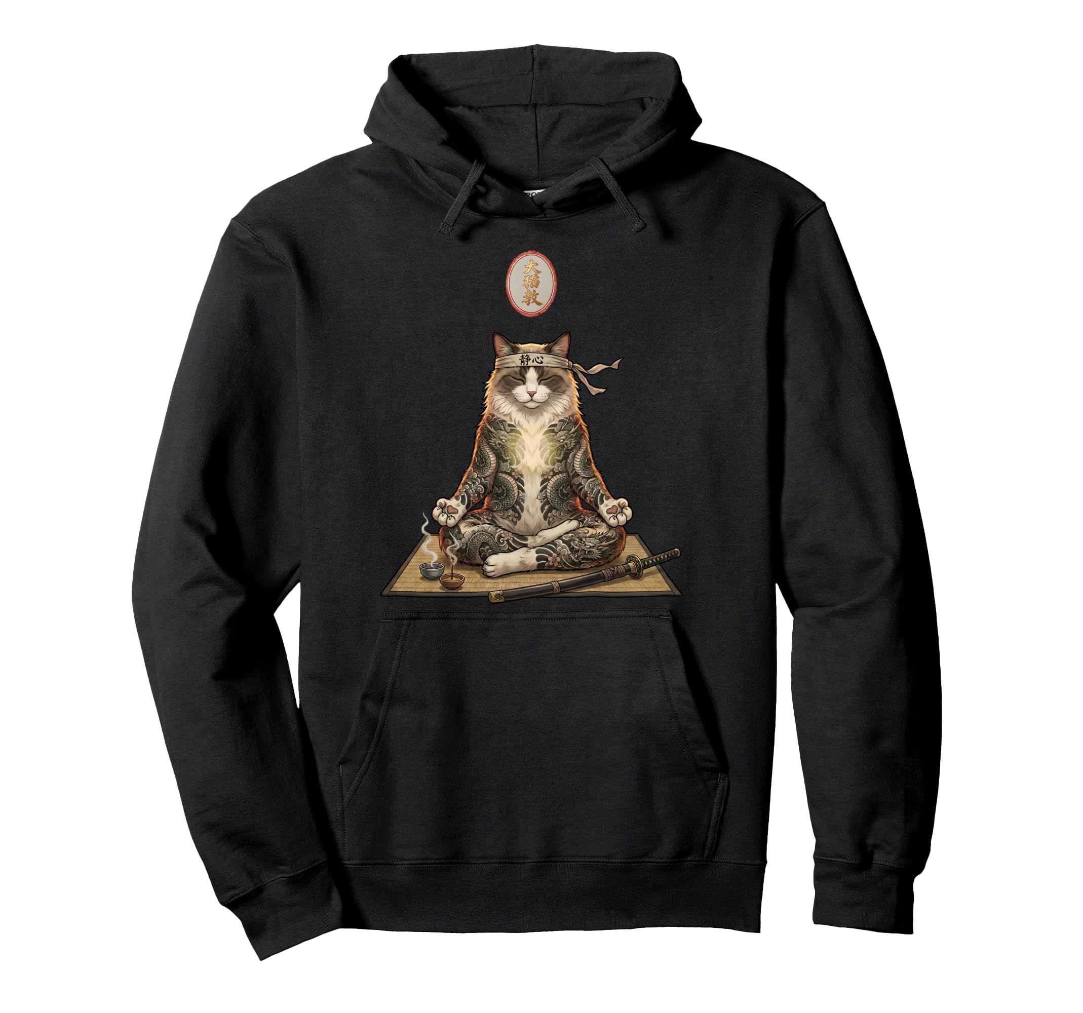 Japanese Irezumi Cat Meditation Zen Hoodie - Unique Graphic for Adults - T-Shirt, Sweatshirt, Hoodie