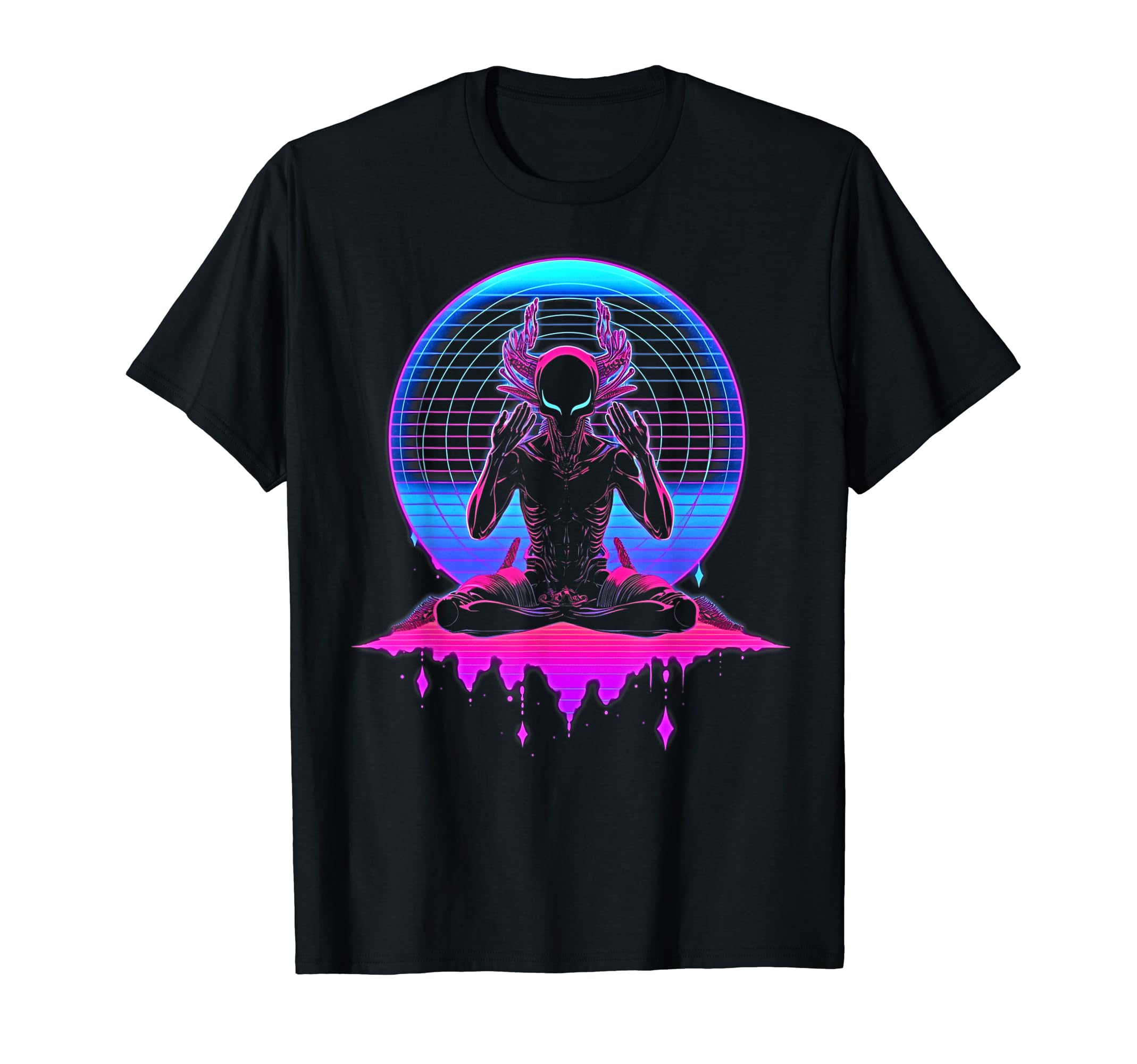 Synthwave Alien Buddha Cyberpunk 80S Sci T-Shirt - Unique Graphic Unisex - T-Shirt, Sweatshirt, Hoodie