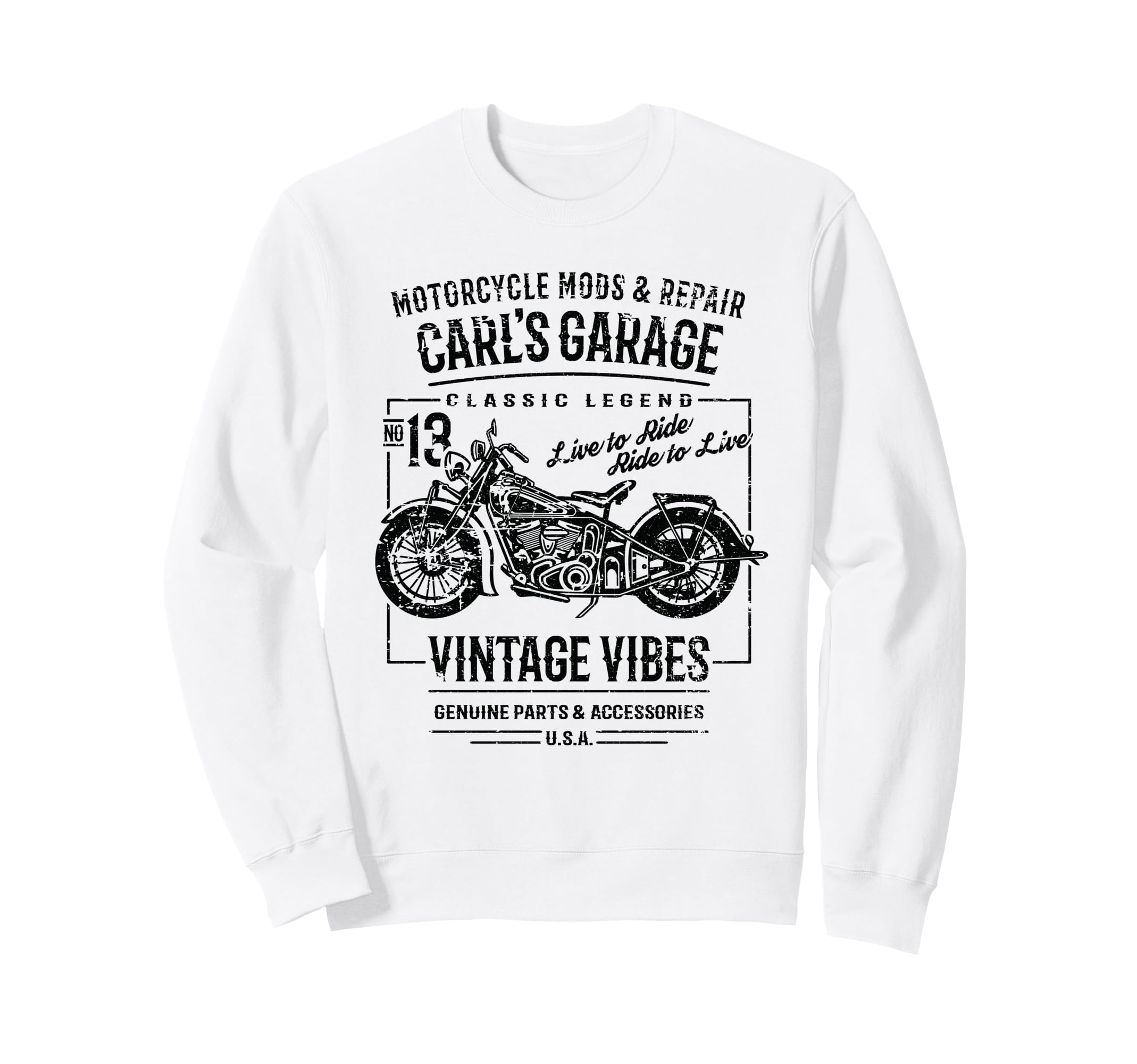 Carls Garage Motorcycle Name Sweatshirt - Fun Novelty Design for Adults - T-Shirt, Sweatshirt, Hoodie