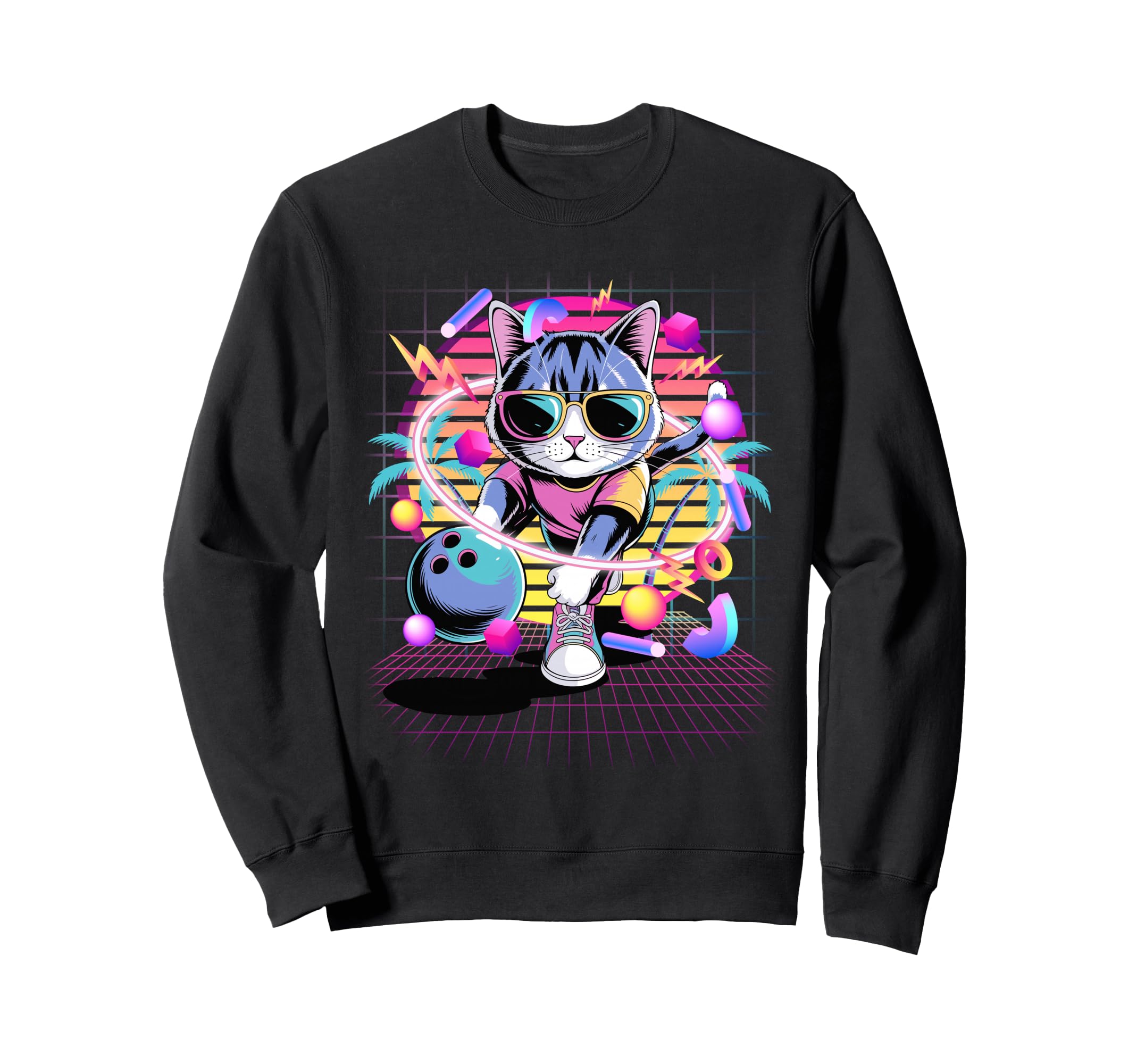 80S Vaporwave Cat Bowler Sunglasses Sweatshirt - Custom Art Print Unisex - T-Shirt, Sweatshirt, Hoodie