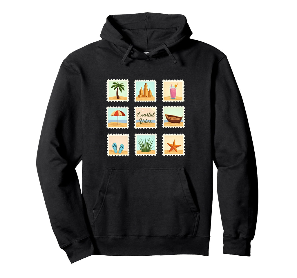 Coastal Vibes Stamps Beach Hoodie - Fun Novelty Design for Adults - T-Shirt, Sweatshirt, Hoodie