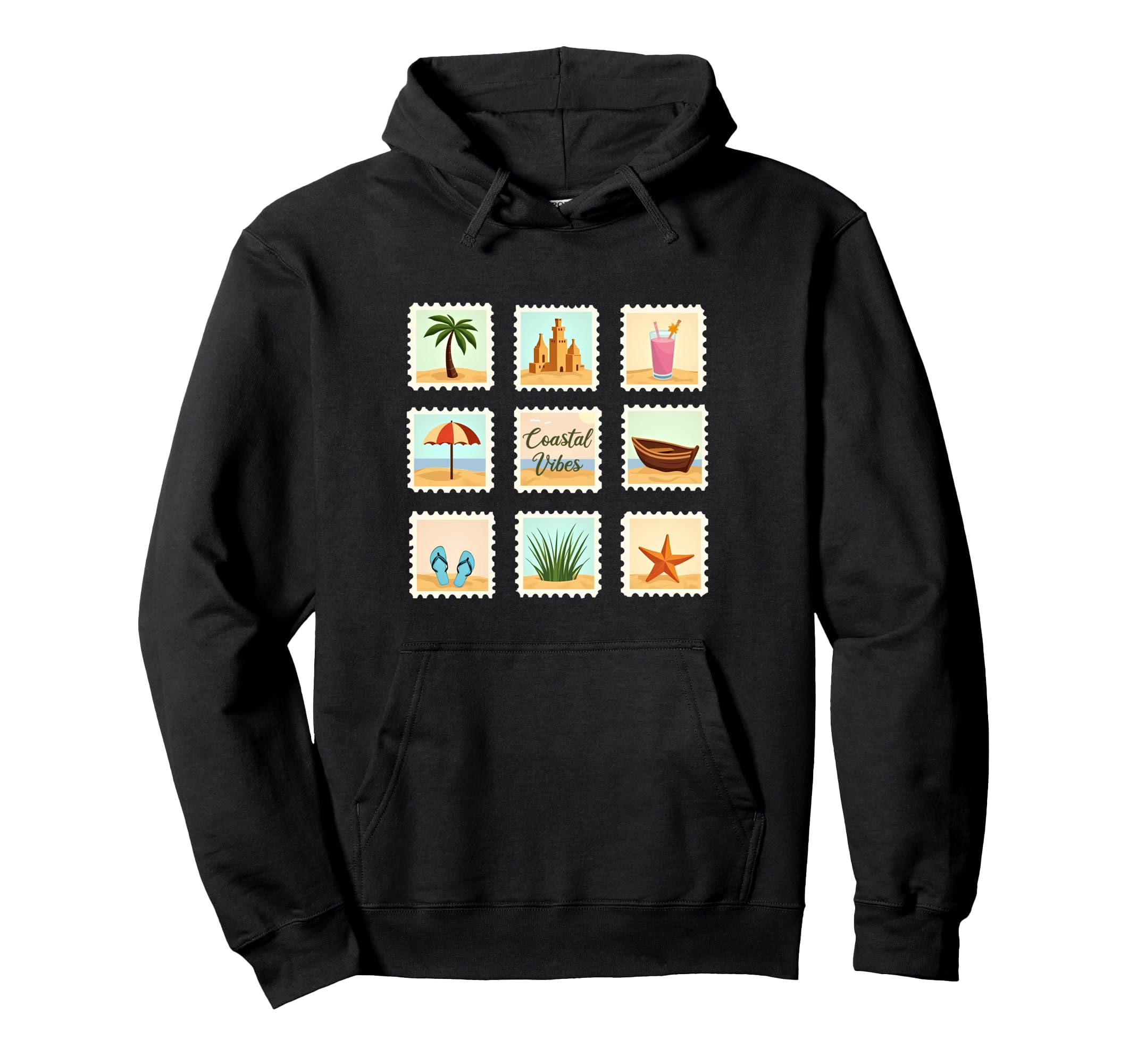Coastal Vibes Stamps Beach Hoodie - Fun Novelty Design for Adults - T-Shirt, Sweatshirt, Hoodie