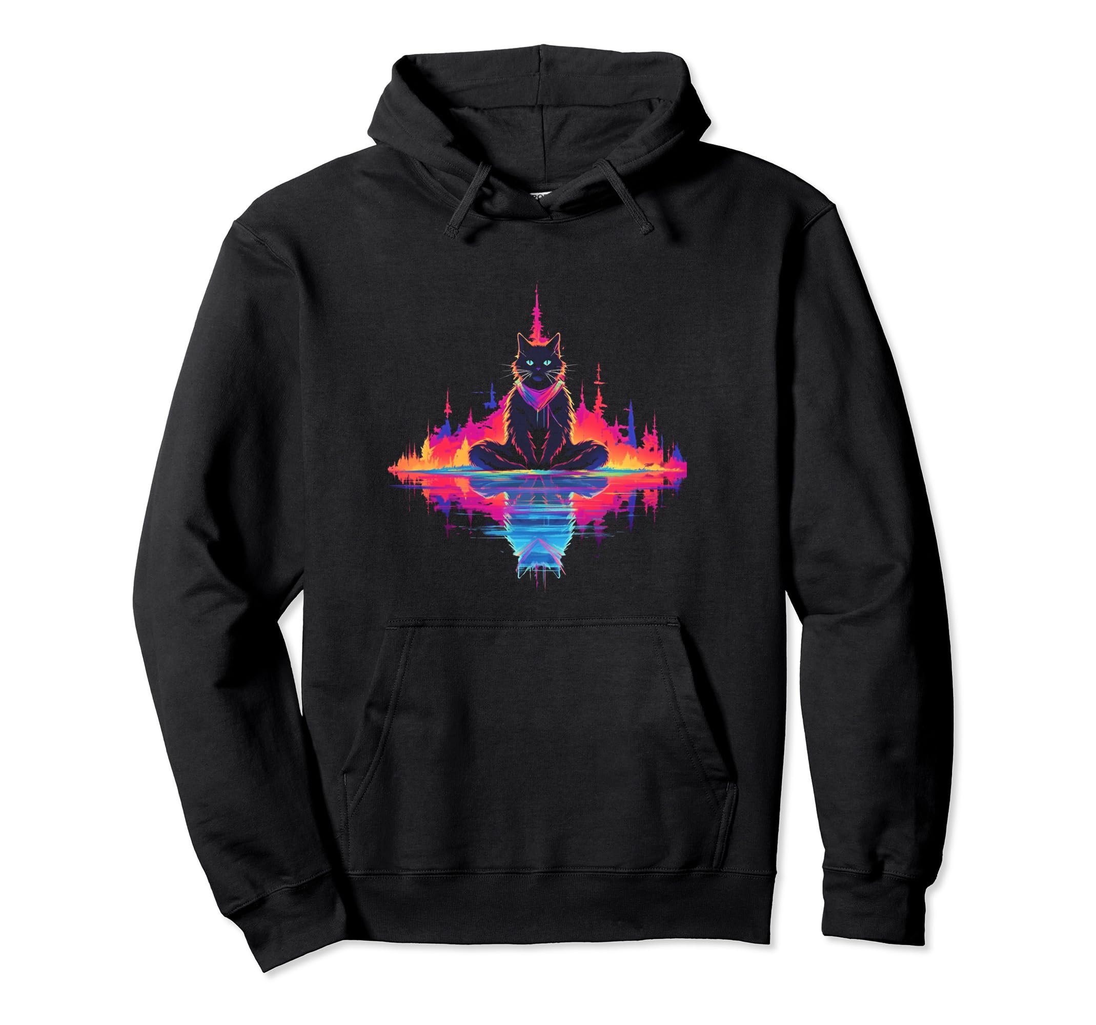 Synthwave Cat Samurai Mediation Vaporwave Hoodie - Graphic Print Men Women - T-Shirt, Sweatshirt, Hoodie