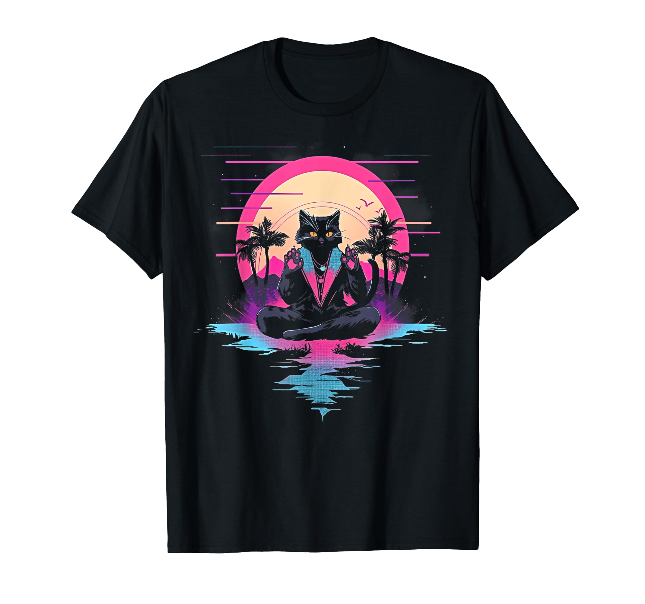 Synthwave Cat Samurai Mediation T-Shirt - Streetwear Style for Adults - T-Shirt, Sweatshirt, Hoodie