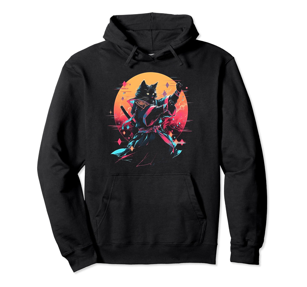 Synthwave Cat Samurai Mediation Vaporwave Hoodie - Minimalist Print Unisex - T-Shirt, Sweatshirt, Hoodie