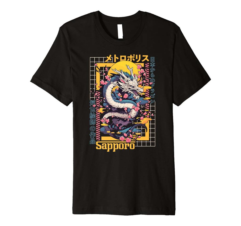 Sapporo City Synthwave 80S Dragon Asian T-Shirt - Graphic Print Unisex - T-Shirt, Sweatshirt, Hoodie