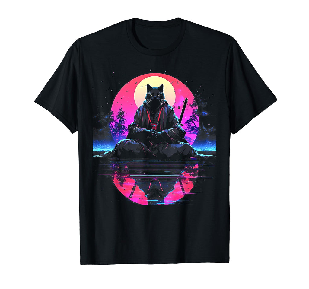 Synthwave Cat Samurai Mediation T-Shirt - Aesthetic Graphic Unisex - T-Shirt, Sweatshirt, Hoodie
