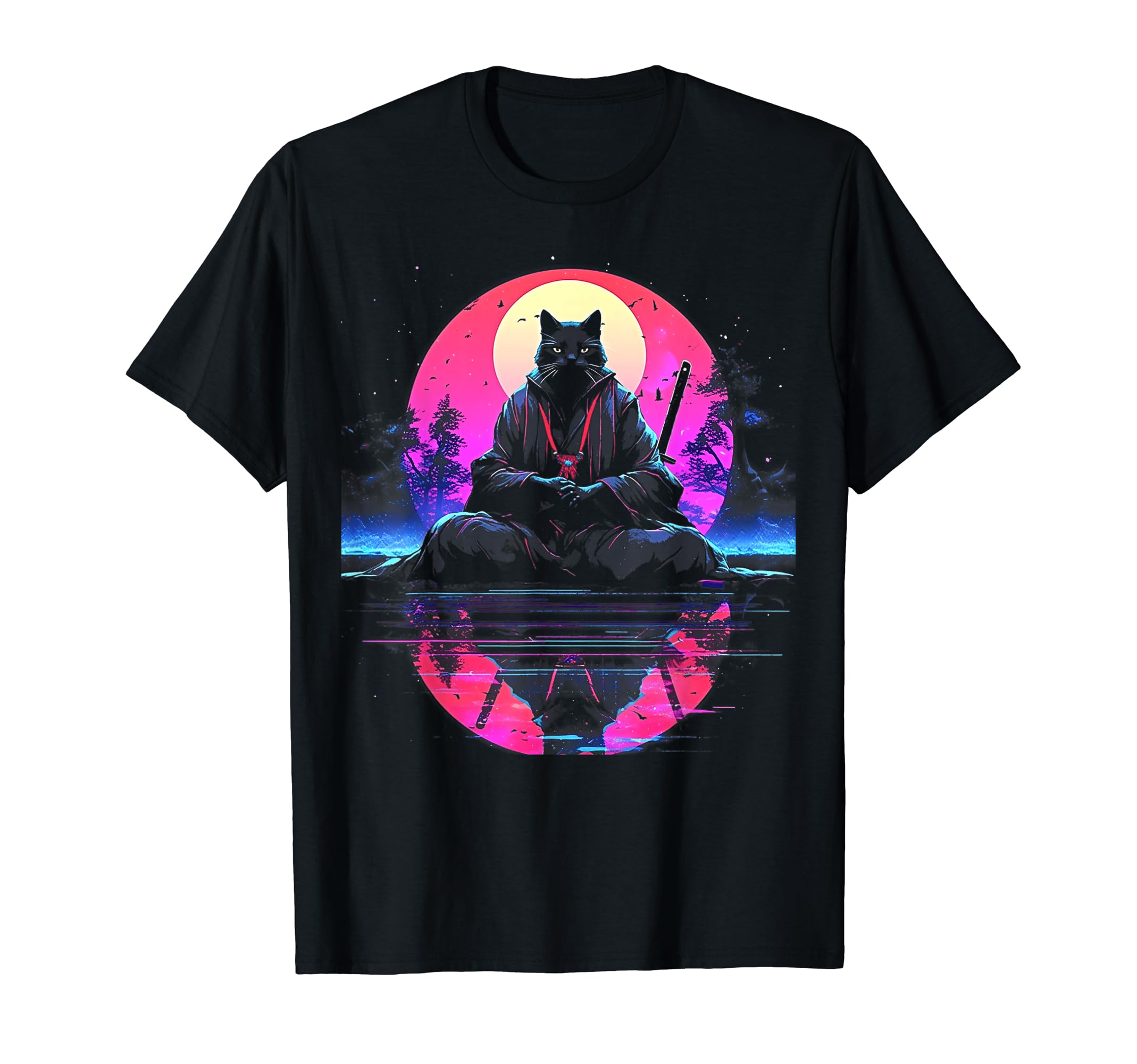 Synthwave Cat Samurai Mediation T-Shirt - Aesthetic Graphic Unisex - T-Shirt, Sweatshirt, Hoodie