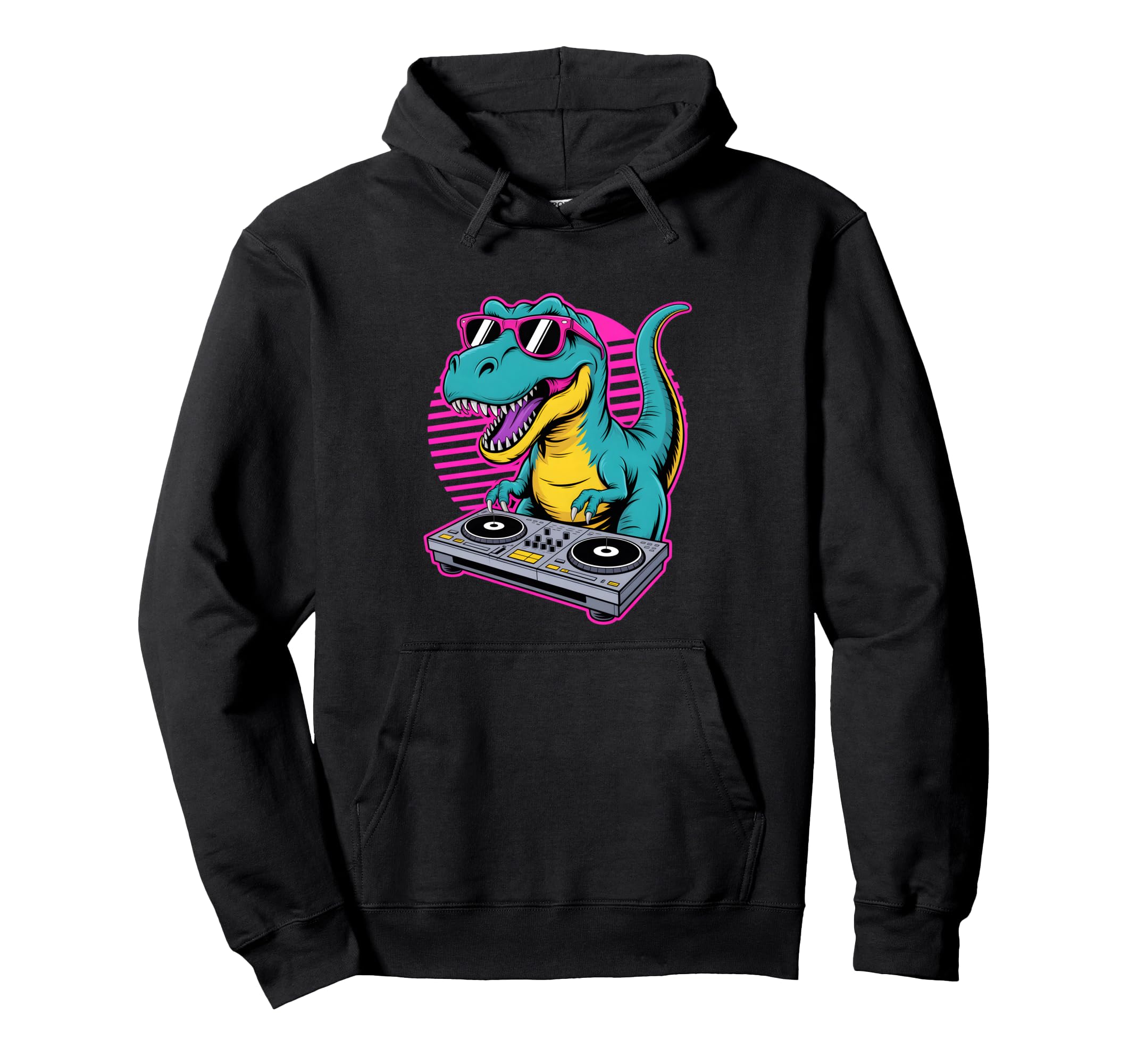 Funny Dj Dinosaur Turntable Synthwave Hoodie - Graphic Print Unisex - T-Shirt, Sweatshirt, Hoodie