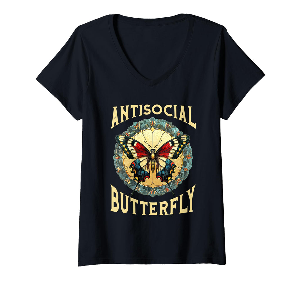 Womens Antisocial Butterfly V Neck T-Shirt - Novelty Apparel Men Women - T-Shirt, Sweatshirt, Hoodie