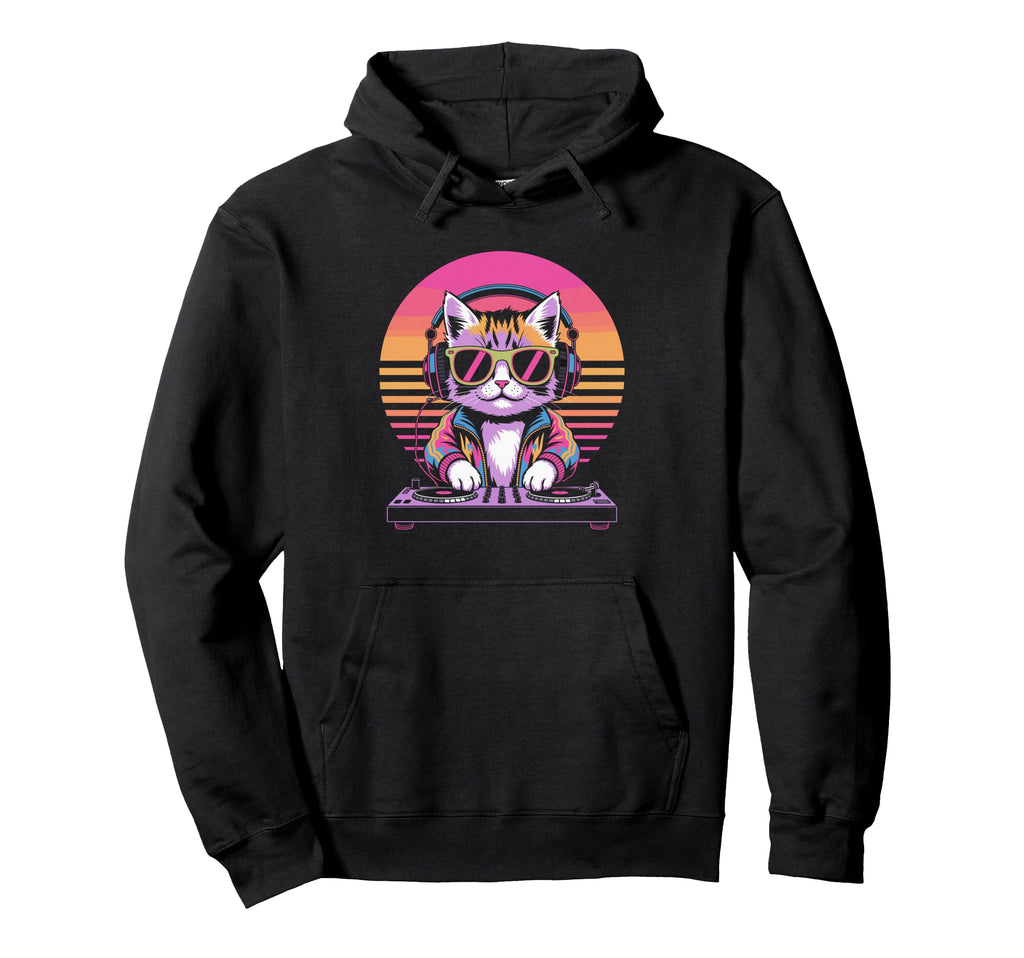 Synthwave Dj Cat Headphones Hoodie - Fun Novelty Design for Adults - T-Shirt, Sweatshirt, Hoodie