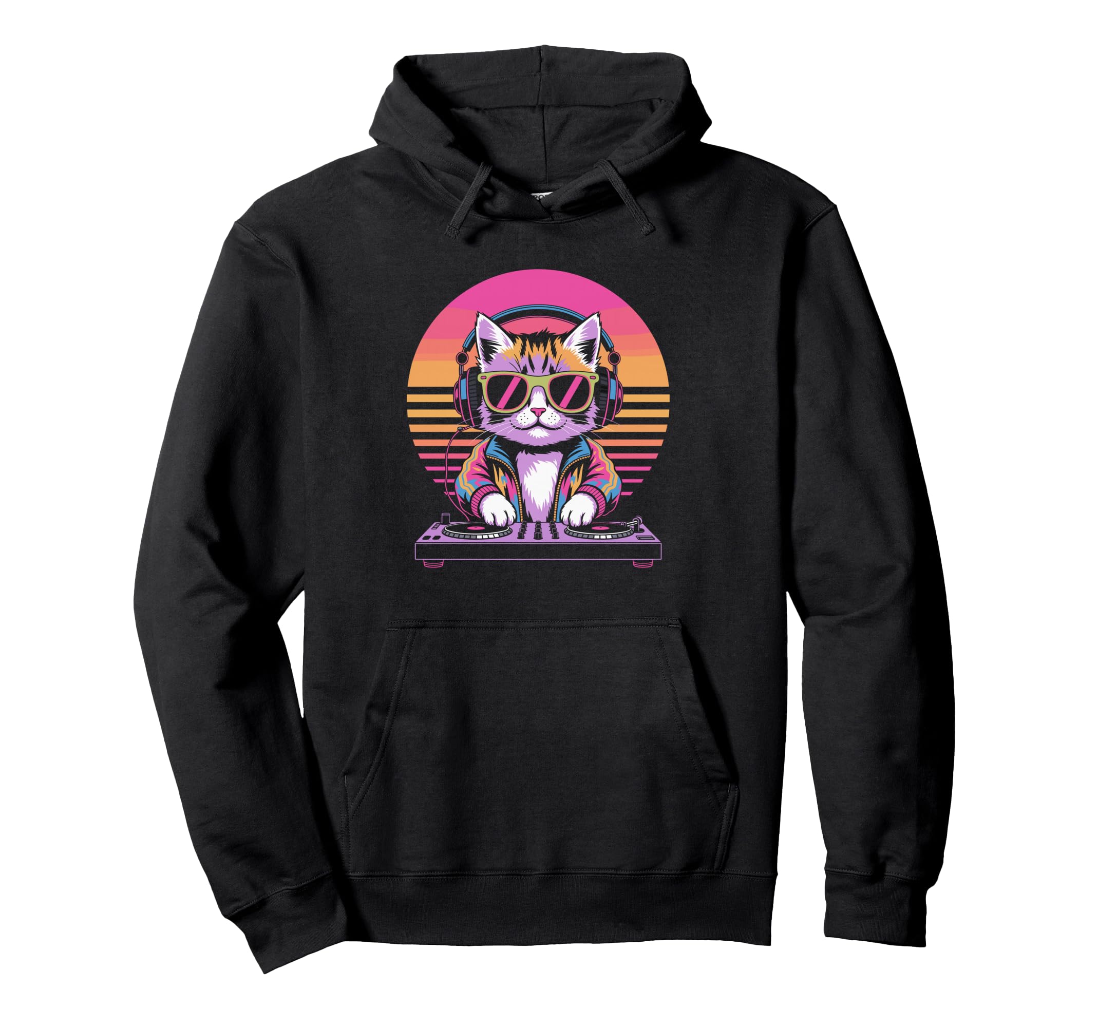 Synthwave Dj Cat Headphones Hoodie - Fun Novelty Design for Adults - T-Shirt, Sweatshirt, Hoodie