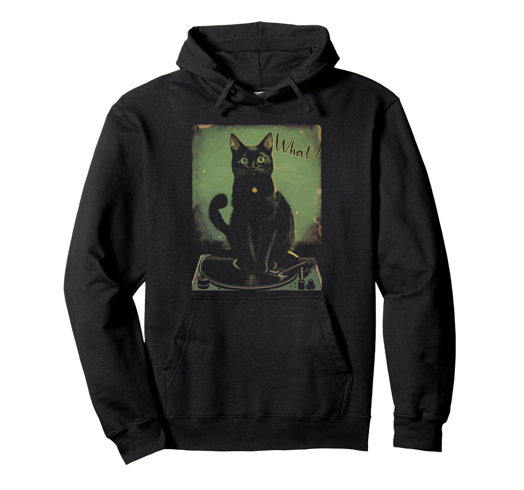 Black Cat Sitting Vinyl Record Player Hoodie - Custom Art Print for Adults - T-Shirt, Sweatshirt, Hoodie