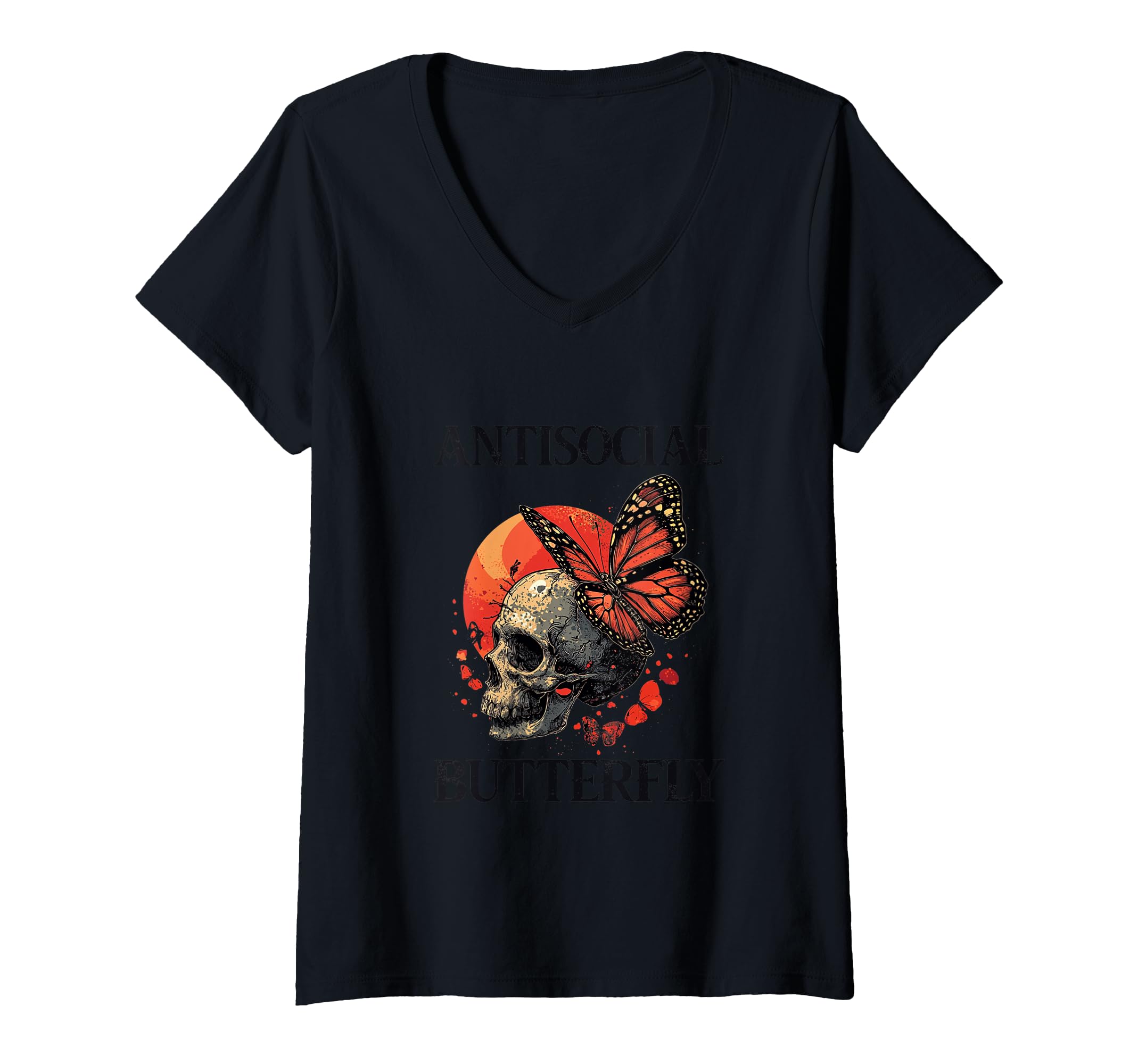 Womens Antisocial Butterfly V Neck T-Shirt - Minimalist Print for Adults - T-Shirt, Sweatshirt, Hoodie