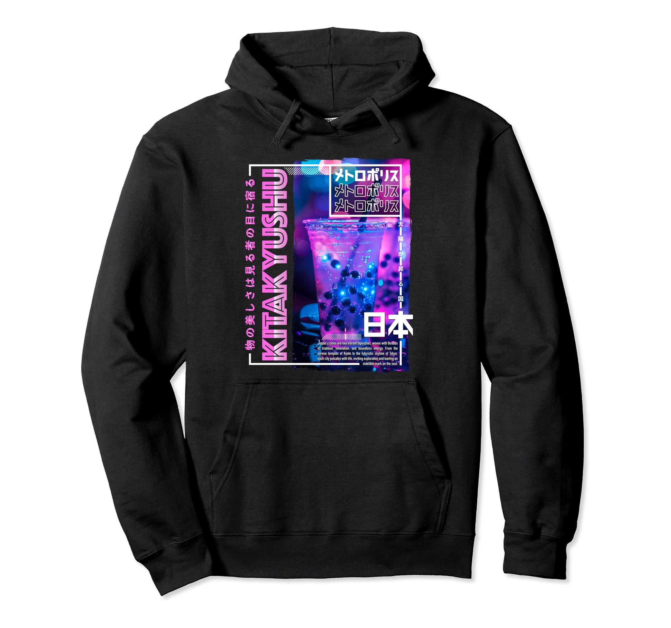 Kitakyushu City 80S Synthwave Boba Hoodie - Casual Everyday Wear Unisex - T-Shirt, Sweatshirt, Hoodie