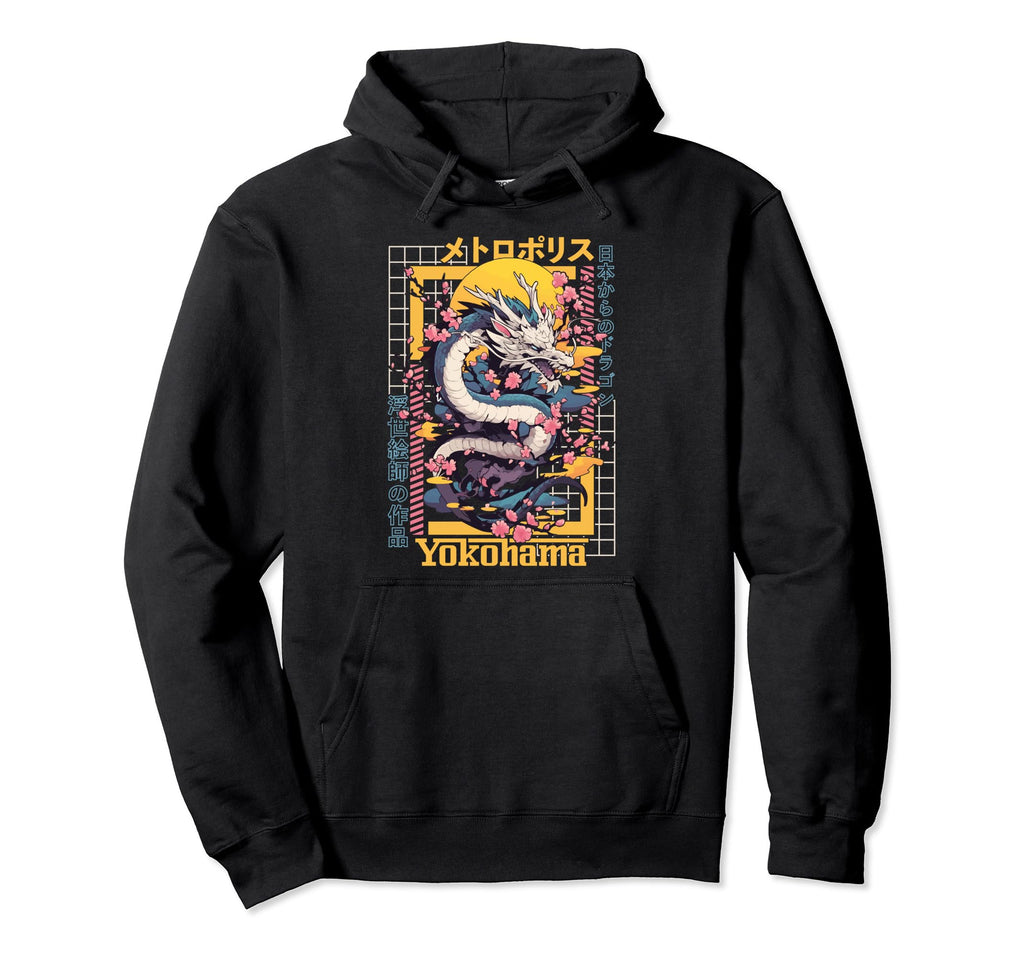 Yokohama City Synthwave 80S Dragon Hoodie - Custom Art Print Men Women - T-Shirt, Sweatshirt, Hoodie