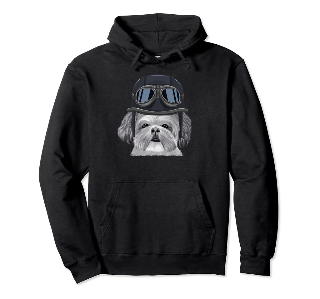 Shih Tzu Wearing Motorcycle Helmet Hoodie - Unique Graphic for Adults - T-Shirt, Sweatshirt, Hoodie