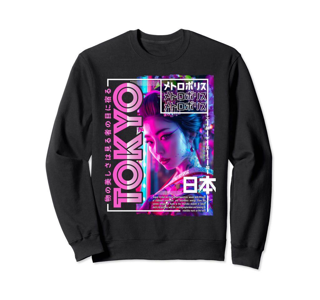 Tokyo City 80S Synthwave Geisha Japan Sweatshirt - Unique Graphic Unisex - T-Shirt, Sweatshirt, Hoodie