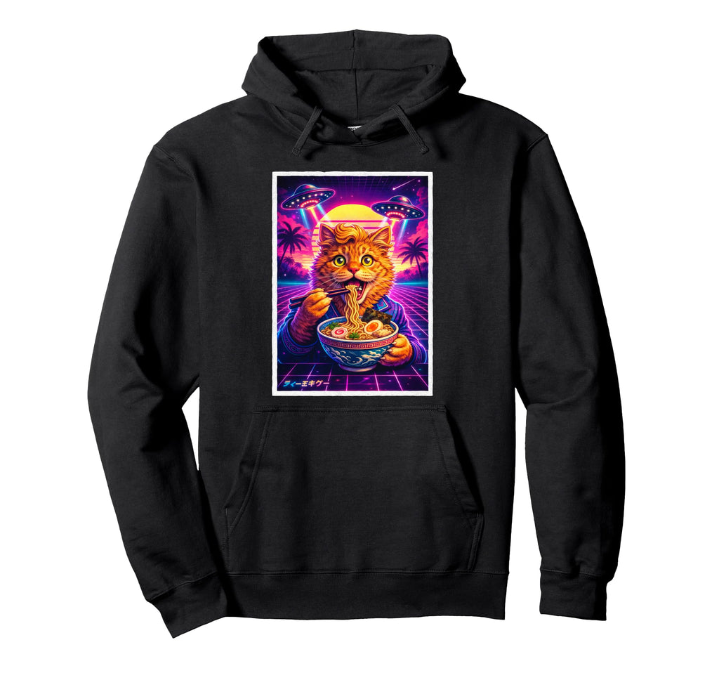 Funny Cat Meme Synthwave 80S Ufo Ramen Hoodie - Aesthetic Graphic Unisex - T-Shirt, Sweatshirt, Hoodie