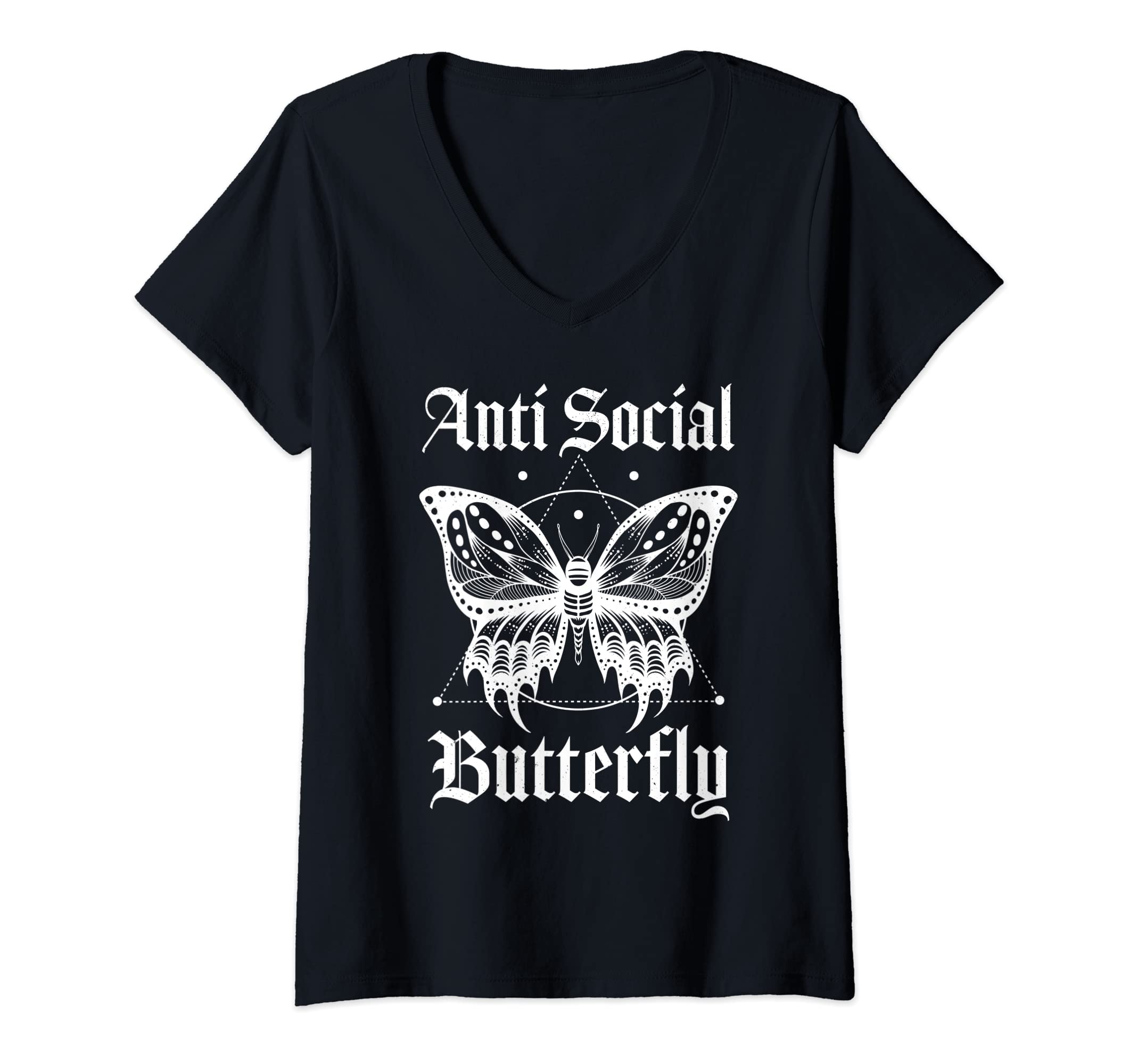 Womens Anti Social Butterfly V Neck T-Shirt - Trendy Graphic for Adults - T-Shirt, Sweatshirt, Hoodie