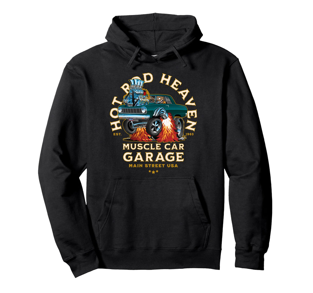 Hotrod Heaven Muscle Car Garage Usa Hoodie - Casual Everyday Wear Unisex - T-Shirt, Sweatshirt, Hoodie