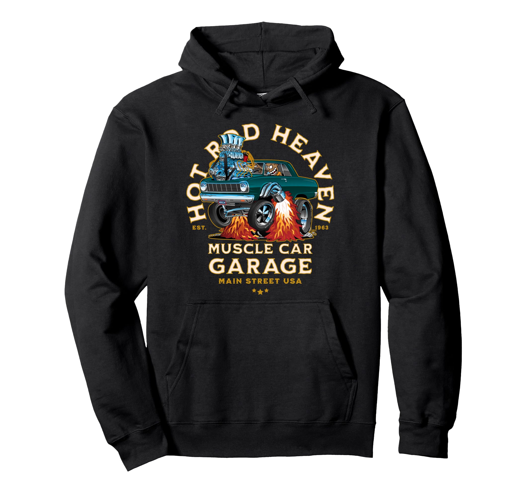 Hotrod Heaven Muscle Car Garage Usa Hoodie - Casual Everyday Wear Unisex - T-Shirt, Sweatshirt, Hoodie