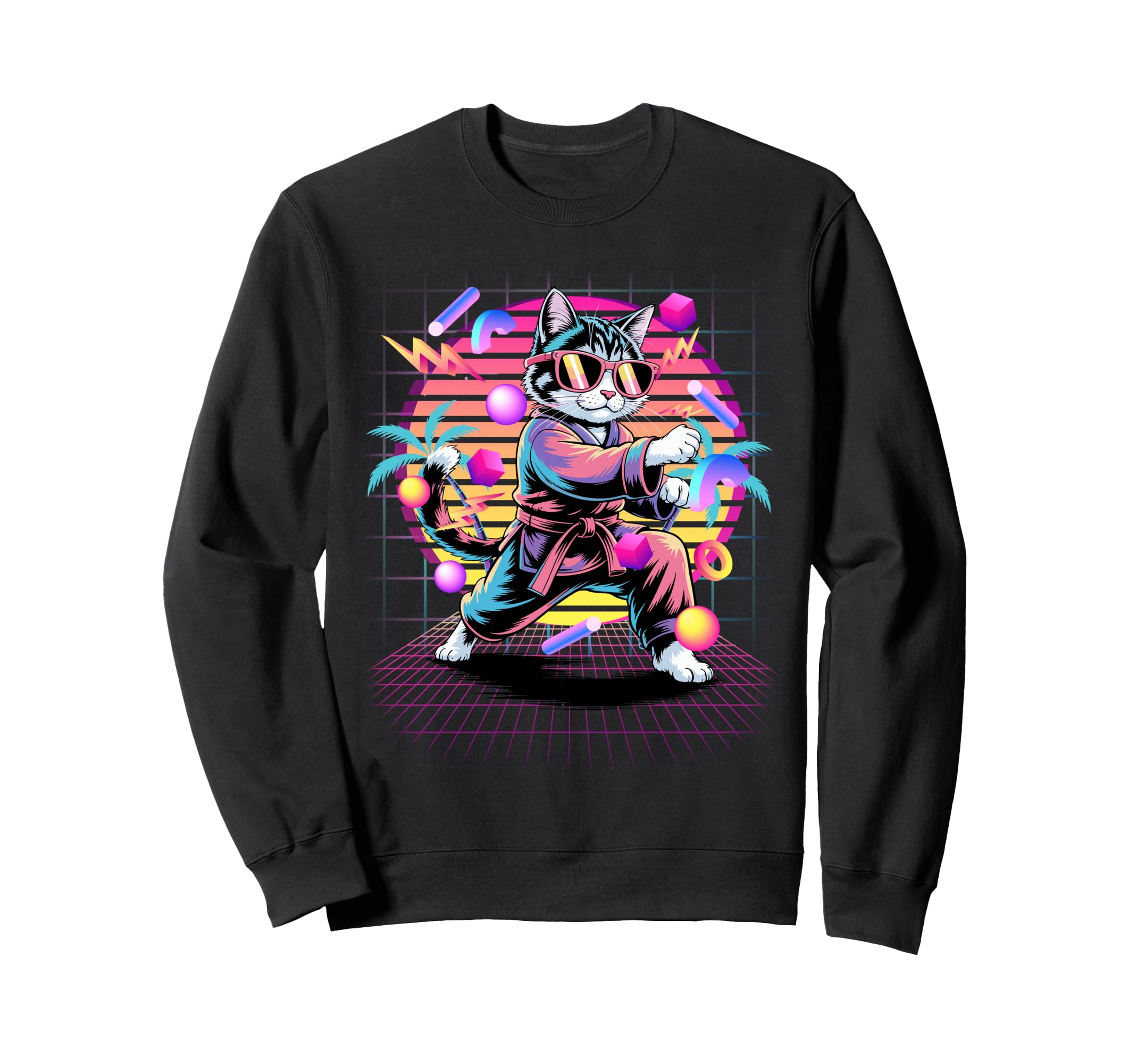 Synthwave Karate Cat 80S Martial Sweatshirt - Custom Art Print Men Women - T-Shirt, Sweatshirt, Hoodie
